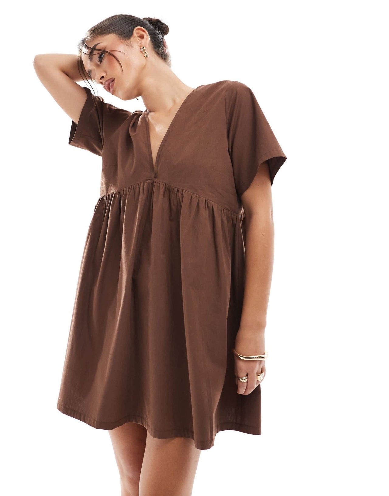 ASOS DESIGN poplin v waist smock dress in chocolate - ASOS Sample Sale