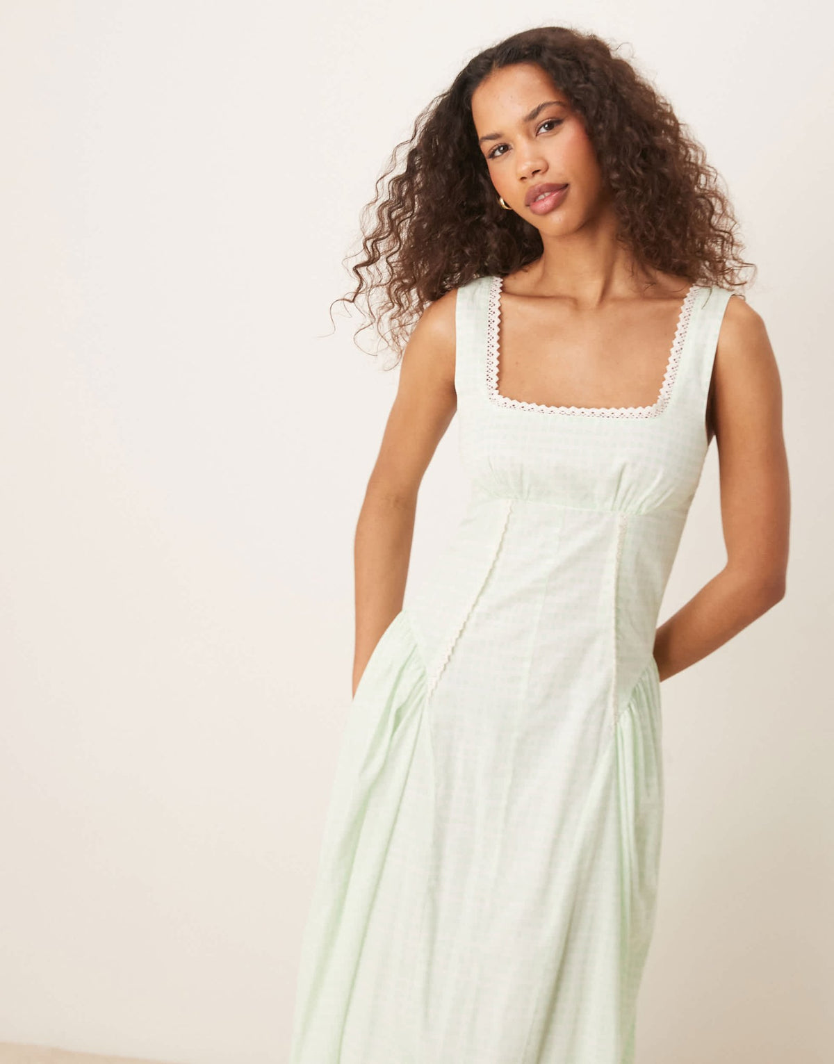ASOS DESIGN prairie square neck maxi dress with dropped waist in mint gingham - ASOS Sample Sale