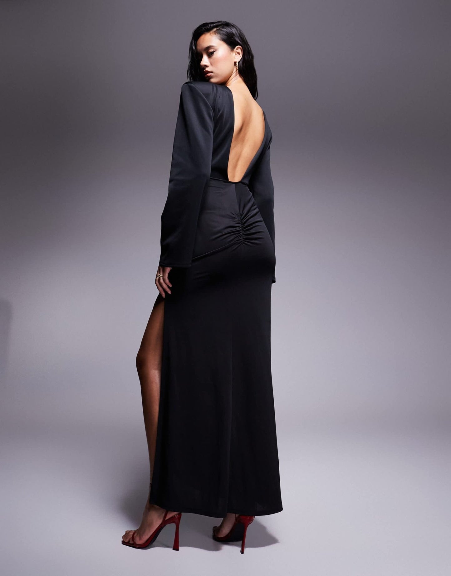 ASOS DESIGN Premium bold shoulder structured maxi dress with draped skirt in black - ASOS Sample Sale