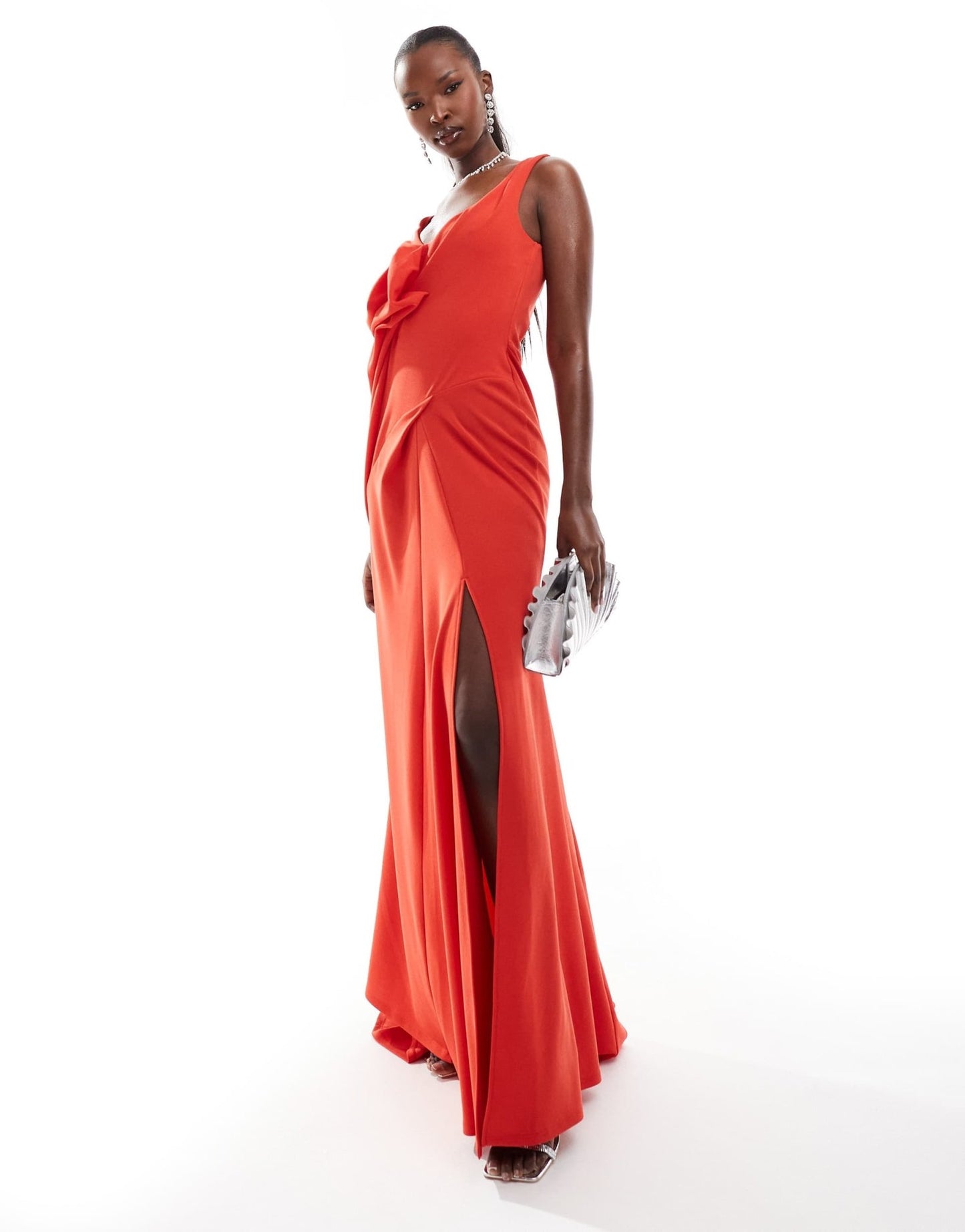 ASOS DESIGN Premium draped rose detail off shoulder fishtail maxi dress in red - ASOS Sample Sale