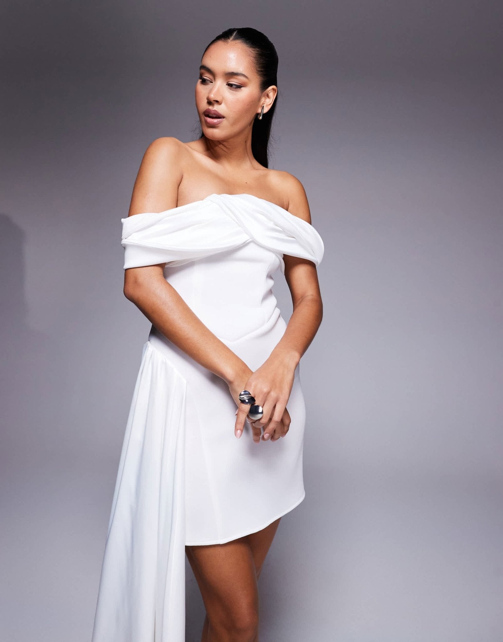 ASOS DESIGN Premium fold over bardot mini dress with sash detail in white scuba - style fabric - ASOS Sample Sale