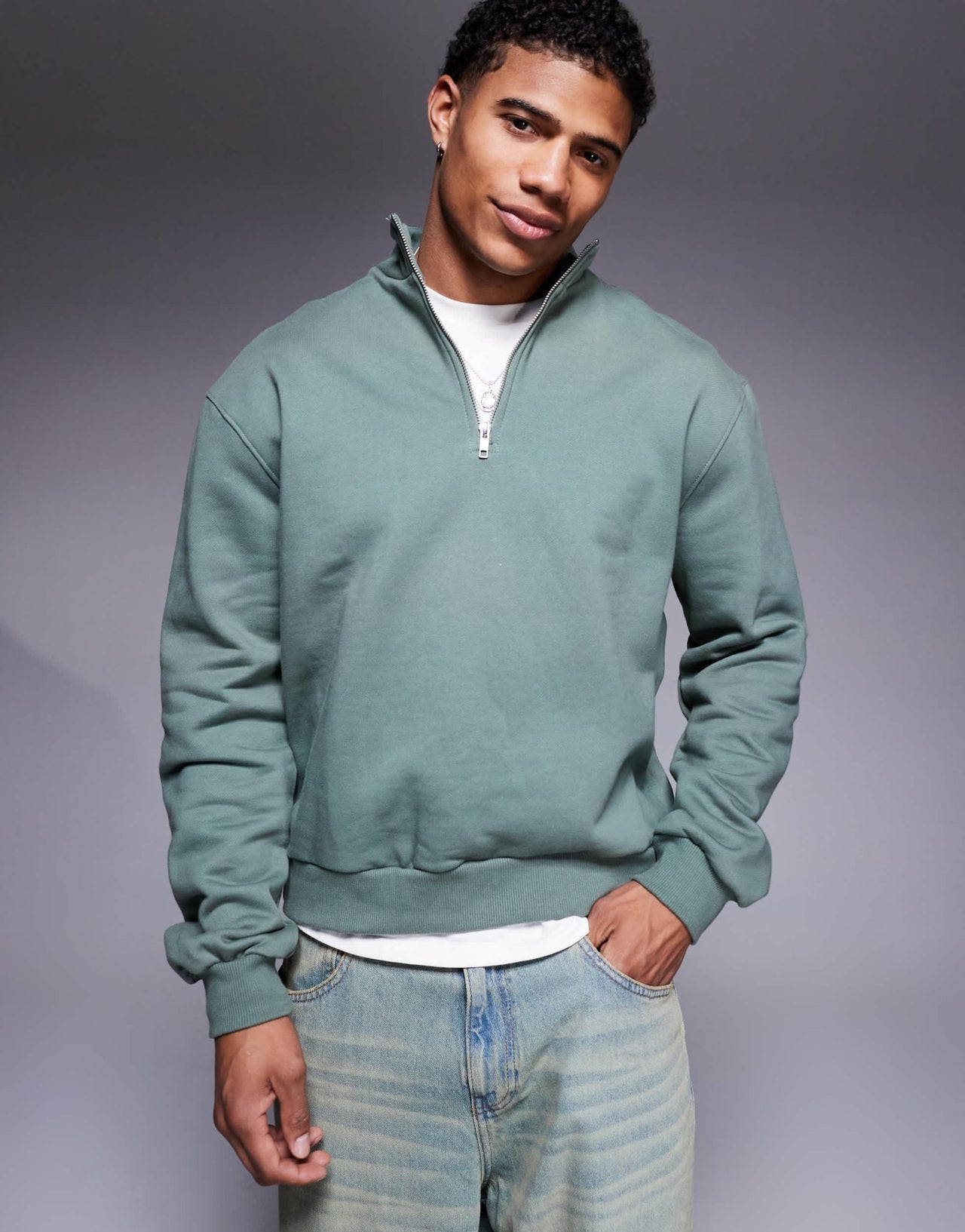 ASOS DESIGN premium heavyweight boxy oversized quarter zip sweatshirt 400gsm in mid green - KHAKI - ASOS Sample Sale