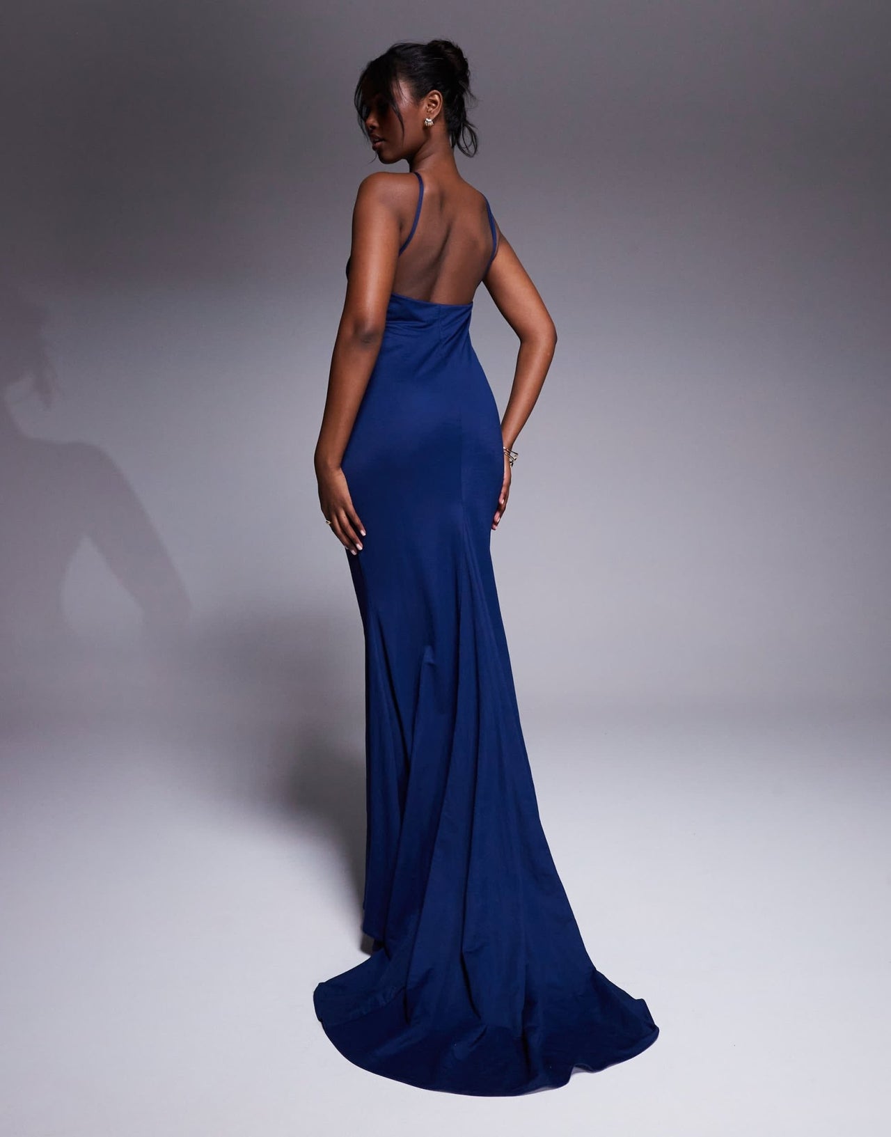 ASOS DESIGN Premium jersey linen halterneck maxi dress with multi trim detail and train in dark blue - ASOS Sample Sale