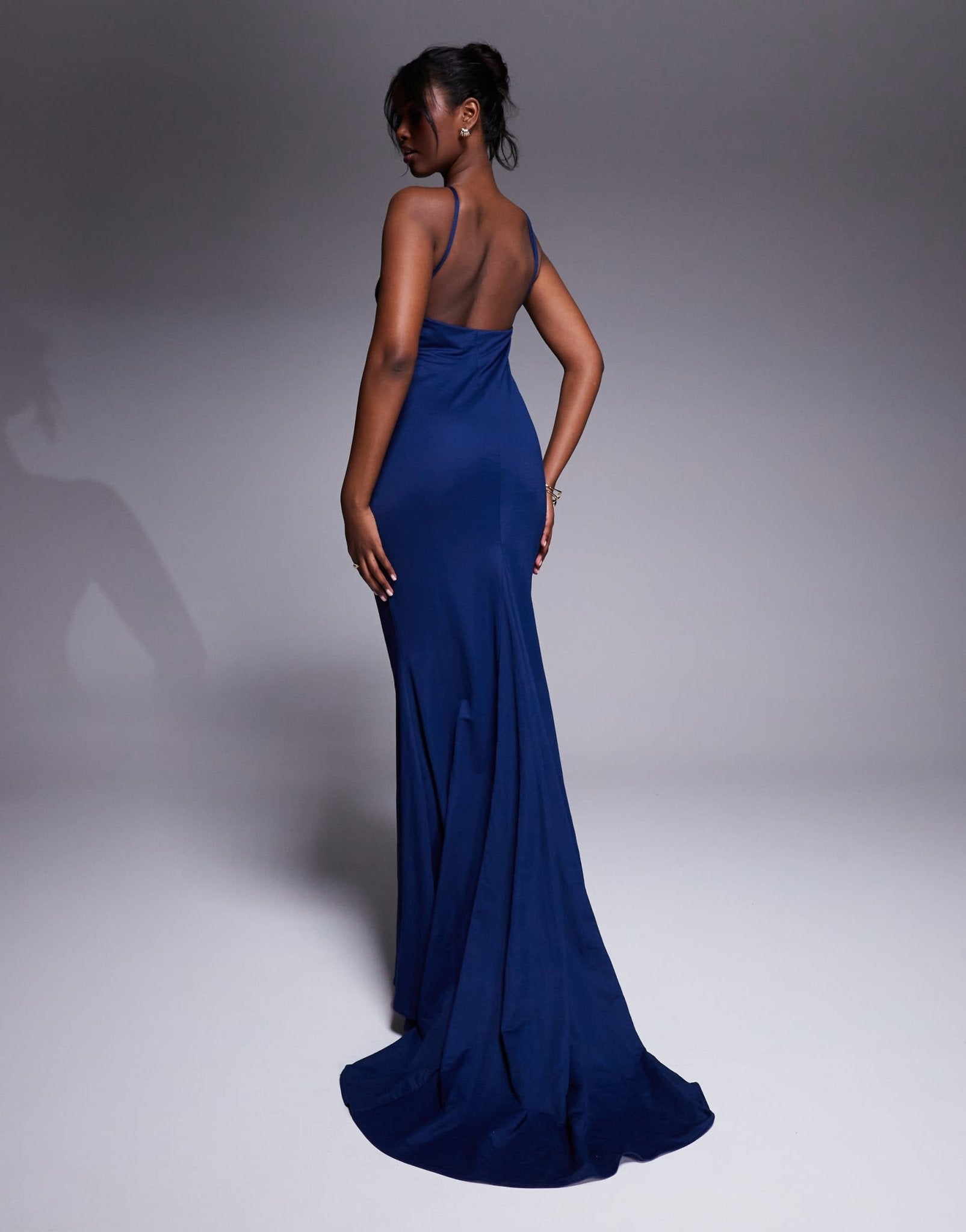 ASOS DESIGN Premium jersey linen halterneck maxi dress with multi trim detail and train in dark blue - ASOS Sample Sale