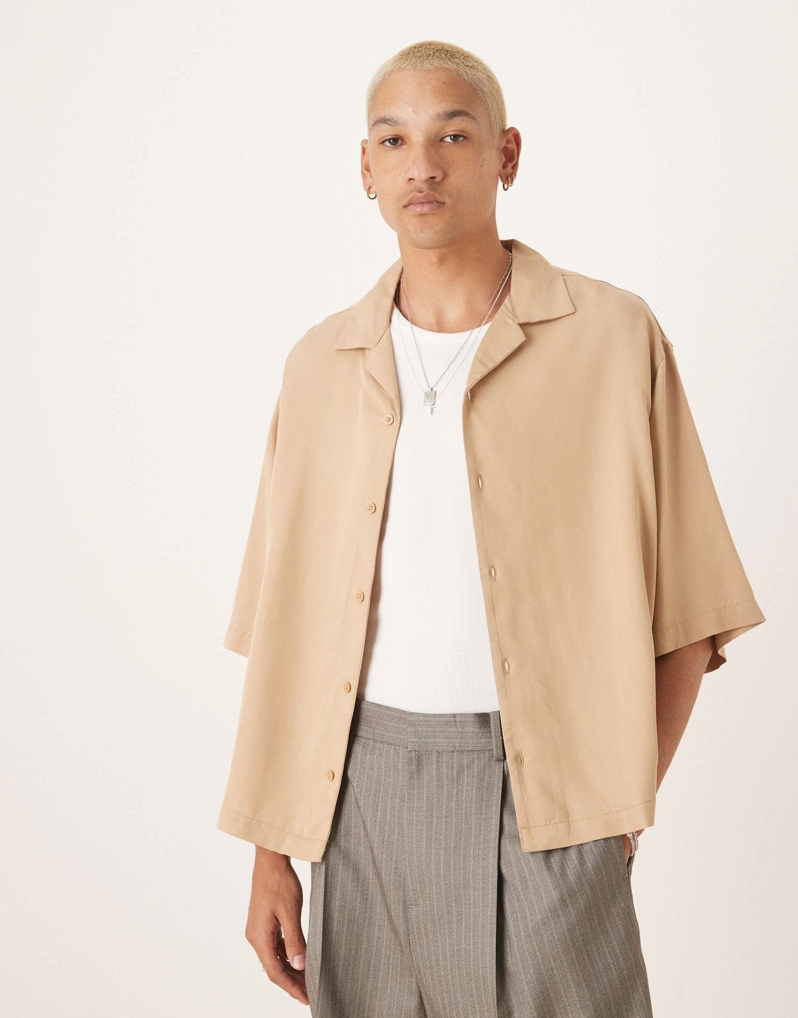 ASOS DESIGN premium oversized revere boxy shirt in beige - ASOS Sample Sale