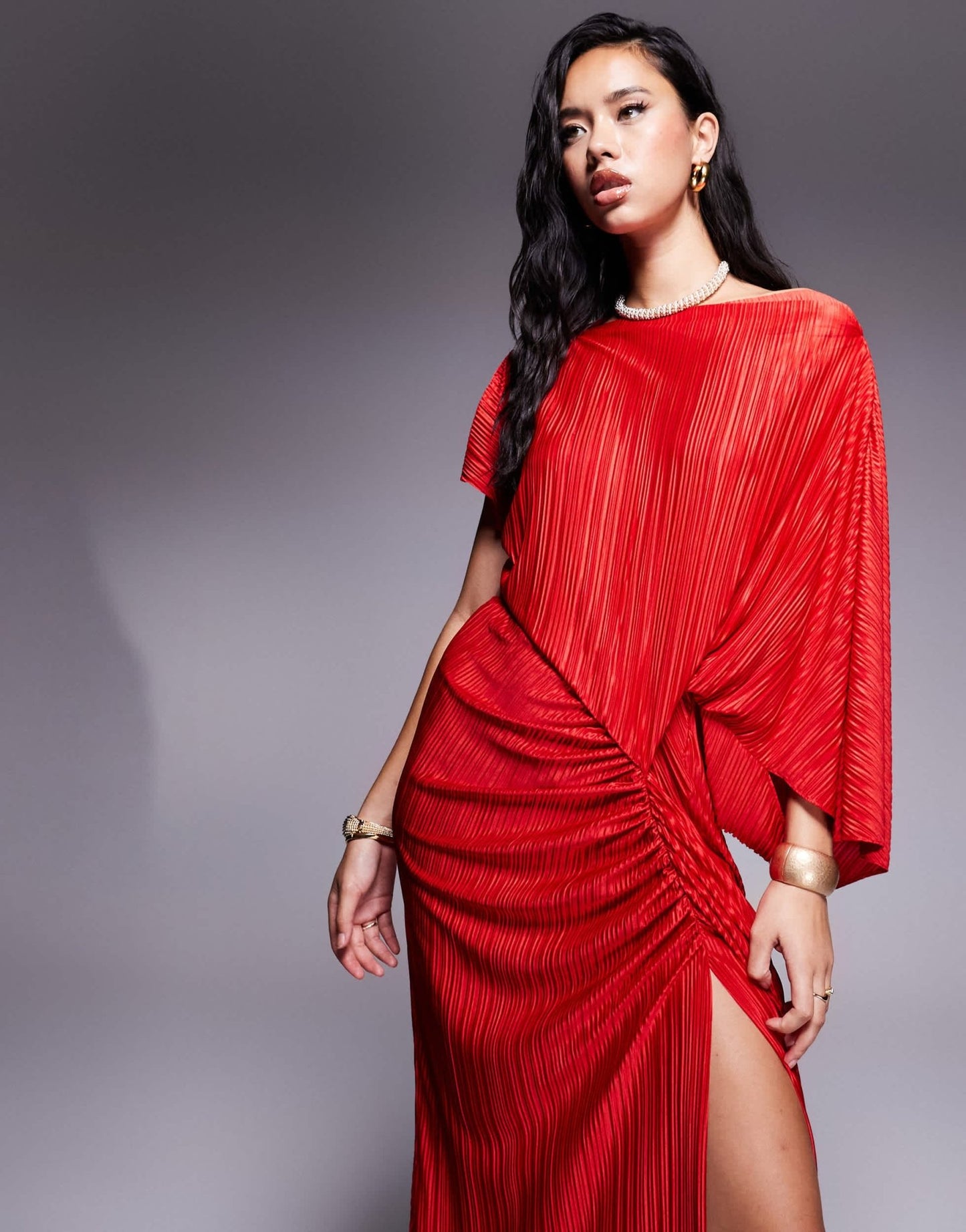 ASOS DESIGN Premium plisse fallen drape maxi dress with ruching in red - ASOS Sample Sale