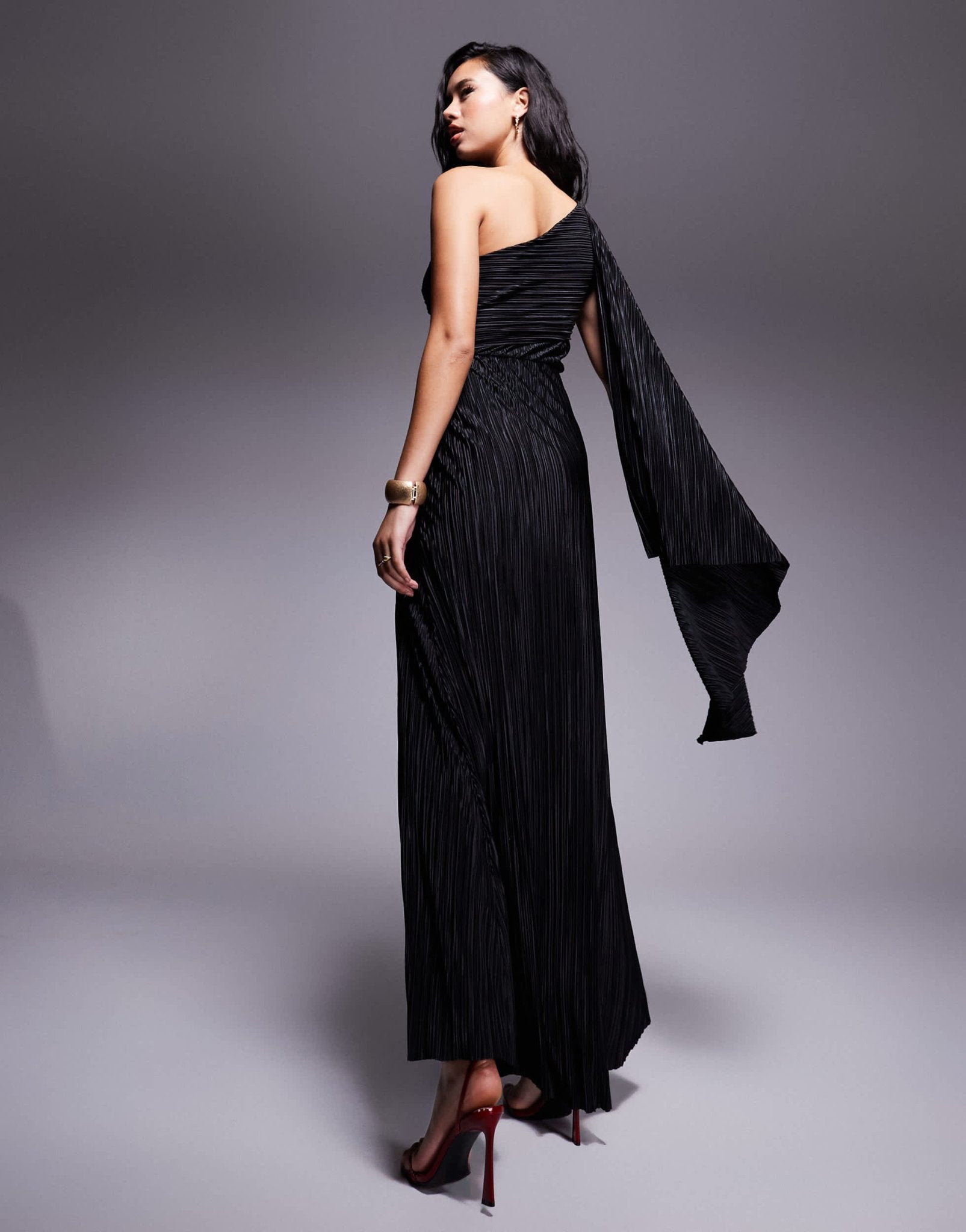 ASOS DESIGN Premium plisse one shoulder drape maxi dress with tie in black - ASOS Sample Sale
