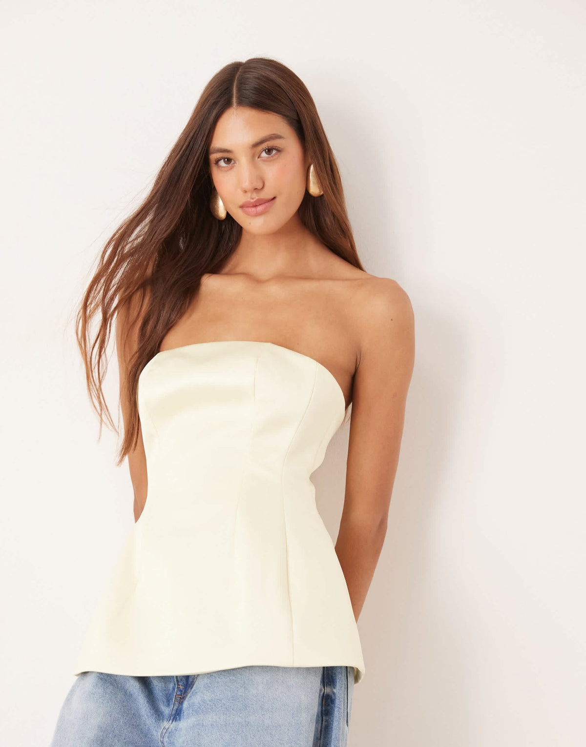 ASOS DESIGN Premium structured satin peplum hem bandeau top in buttermilk - ASOS Sample Sale