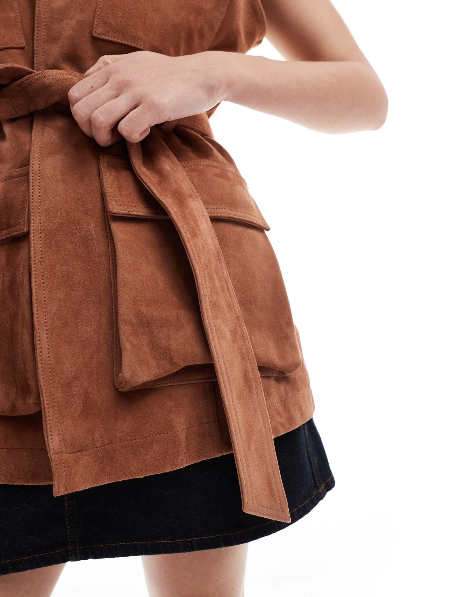 ASOS DESIGN premium suede trucker belted waistcoat in tan - ASOS Sample Sale