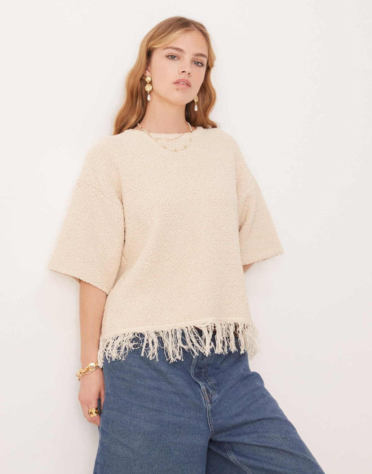 ASOS DESIGN premium textured t-shirt with fringe hem in cream - CREAM - ASOS Sample Sale