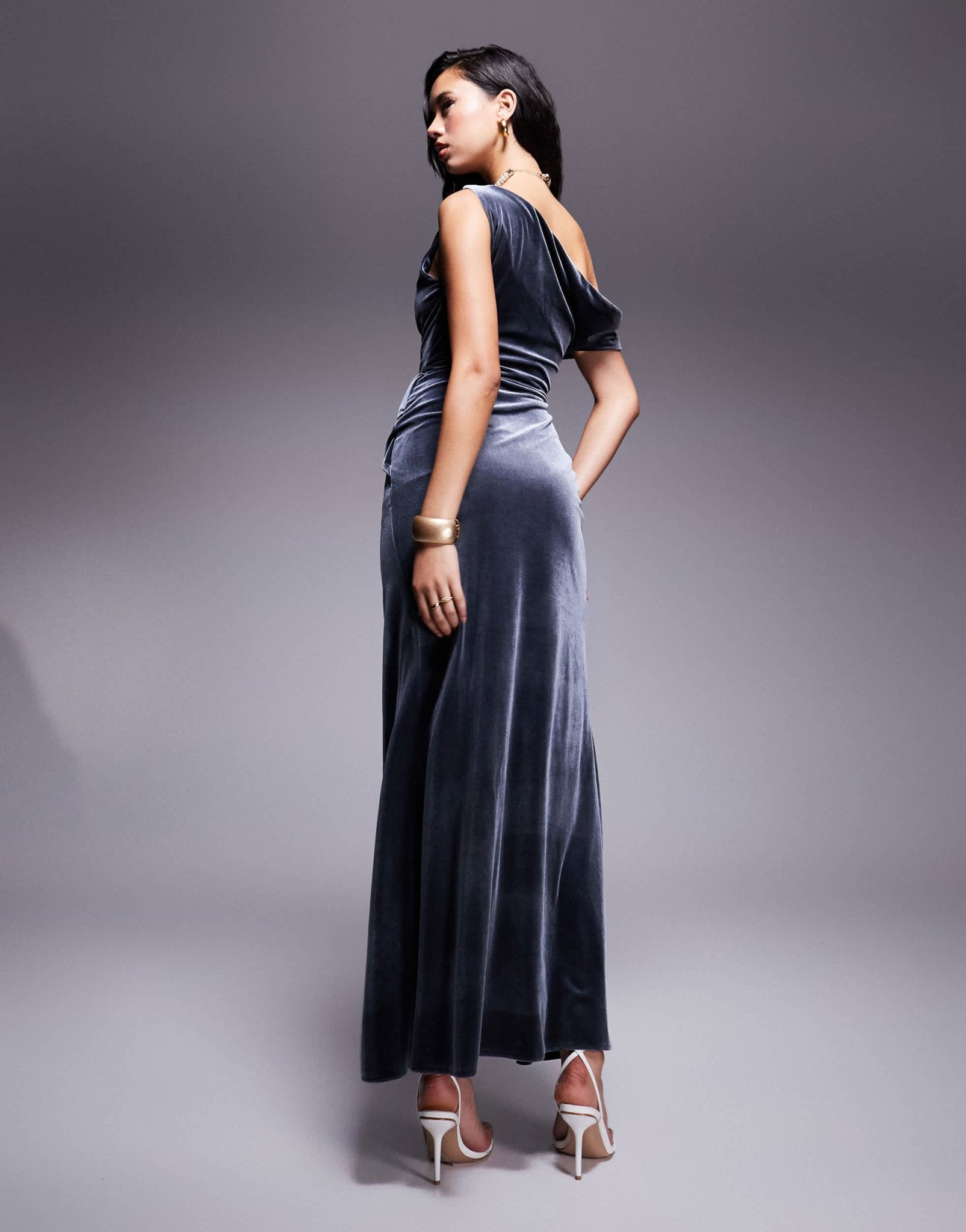 ASOS DESIGN Premium velvet Premium asymmetric drape detail maxi dress with side split in charcoal - ASOS Sample Sale