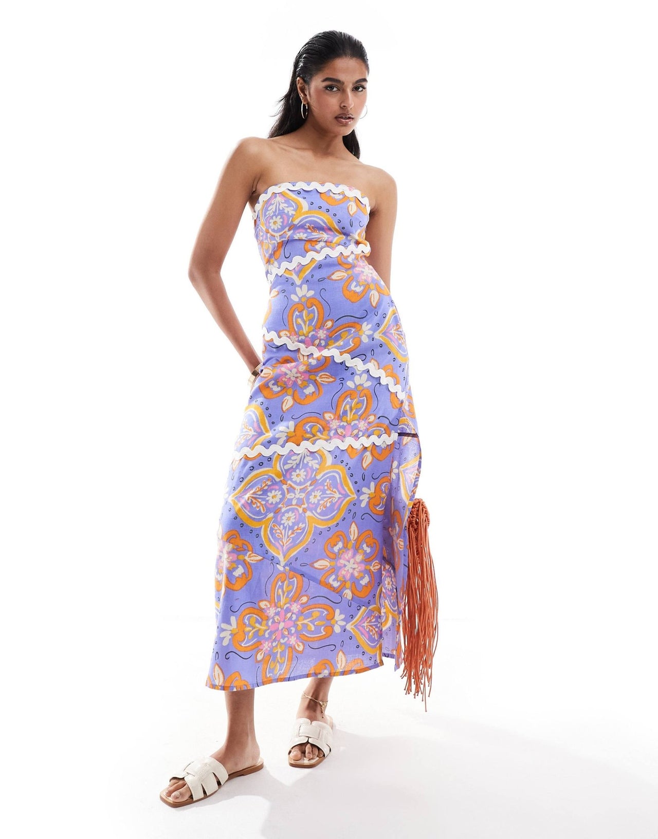 ASOS DESIGN printed bandeau maxi dress with rikrak trim in tile print - ASOS Sample Sale