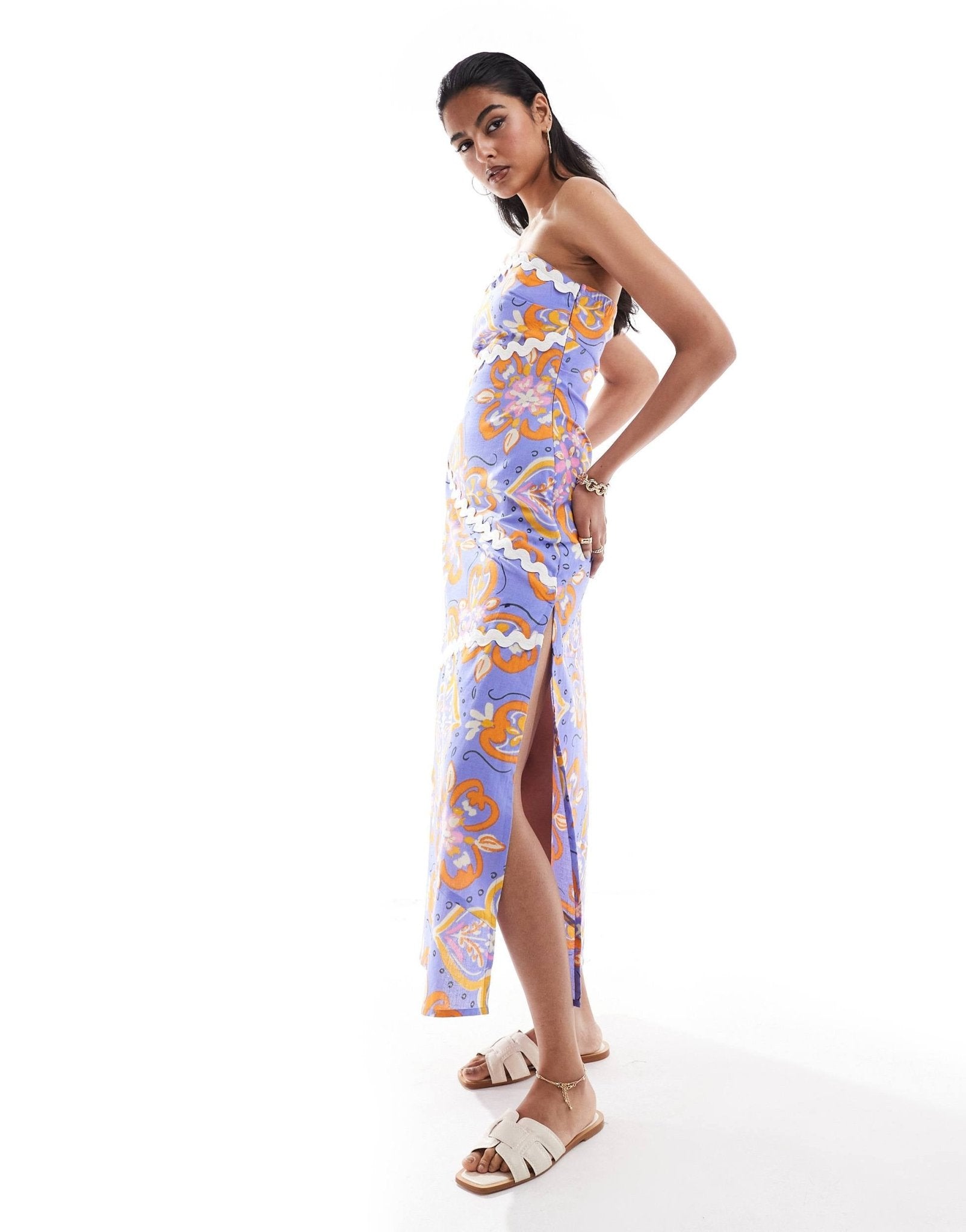 ASOS DESIGN printed bandeau maxi dress with rikrak trim in tile print - ASOS Sample Sale