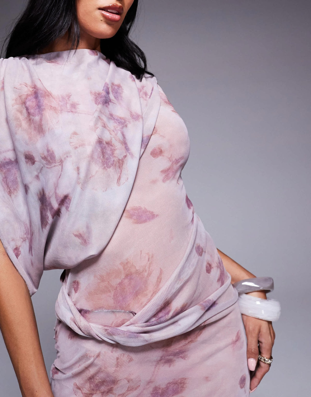 ASOS DESIGN printed mesh draped one shoulder midi dress in blurred floral print - ASOS Sample Sale