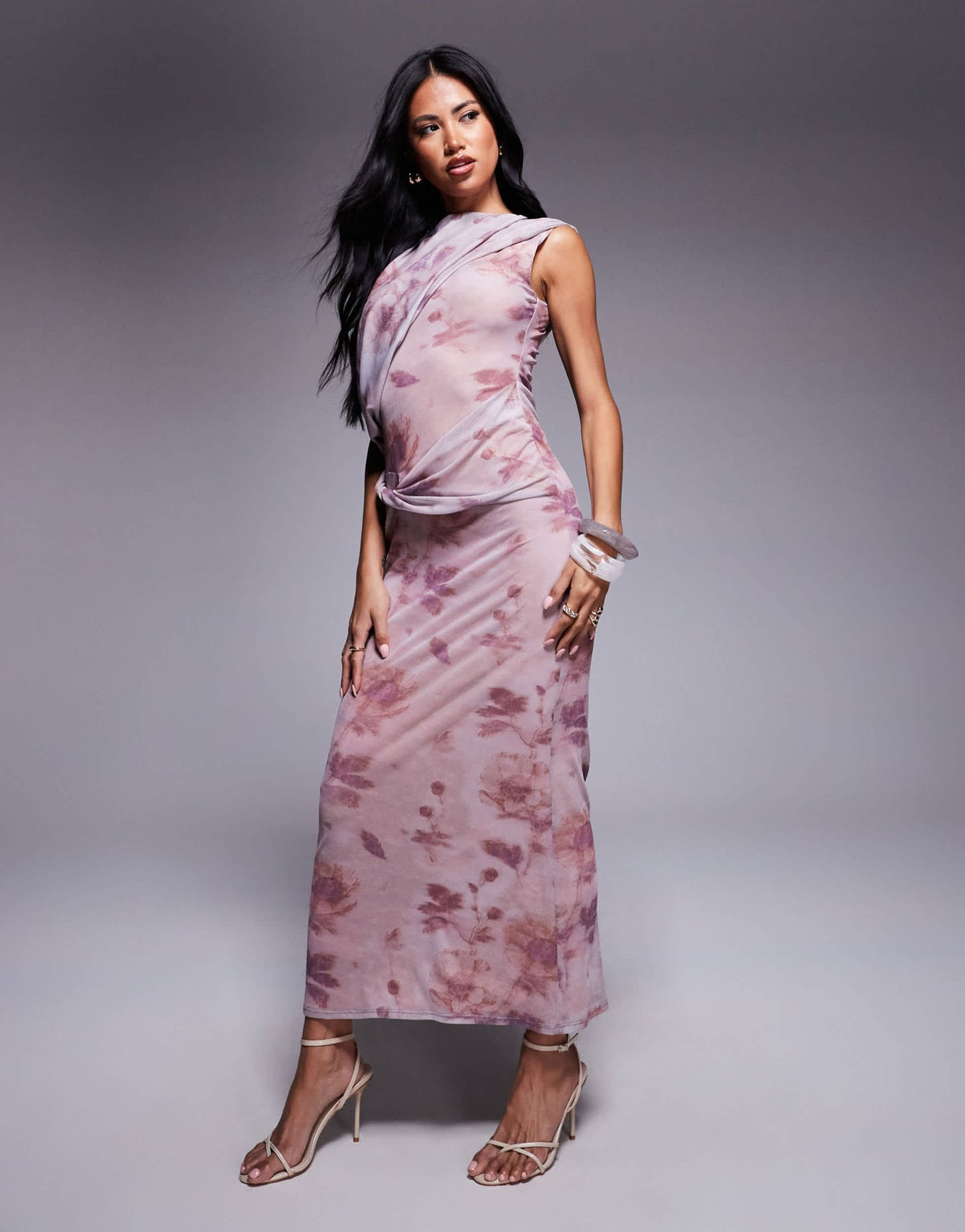 ASOS DESIGN printed mesh draped one shoulder midi dress in blurred floral print - ASOS Sample Sale
