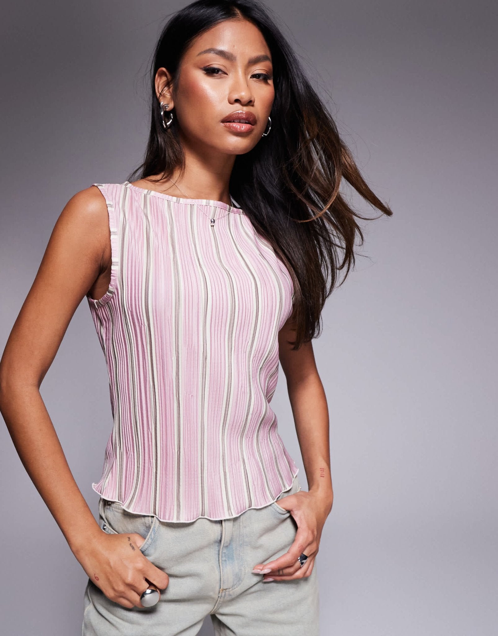 ASOS DESIGN printed stripe plisse cap sleeve tee in multi - ASOS Sample Sale