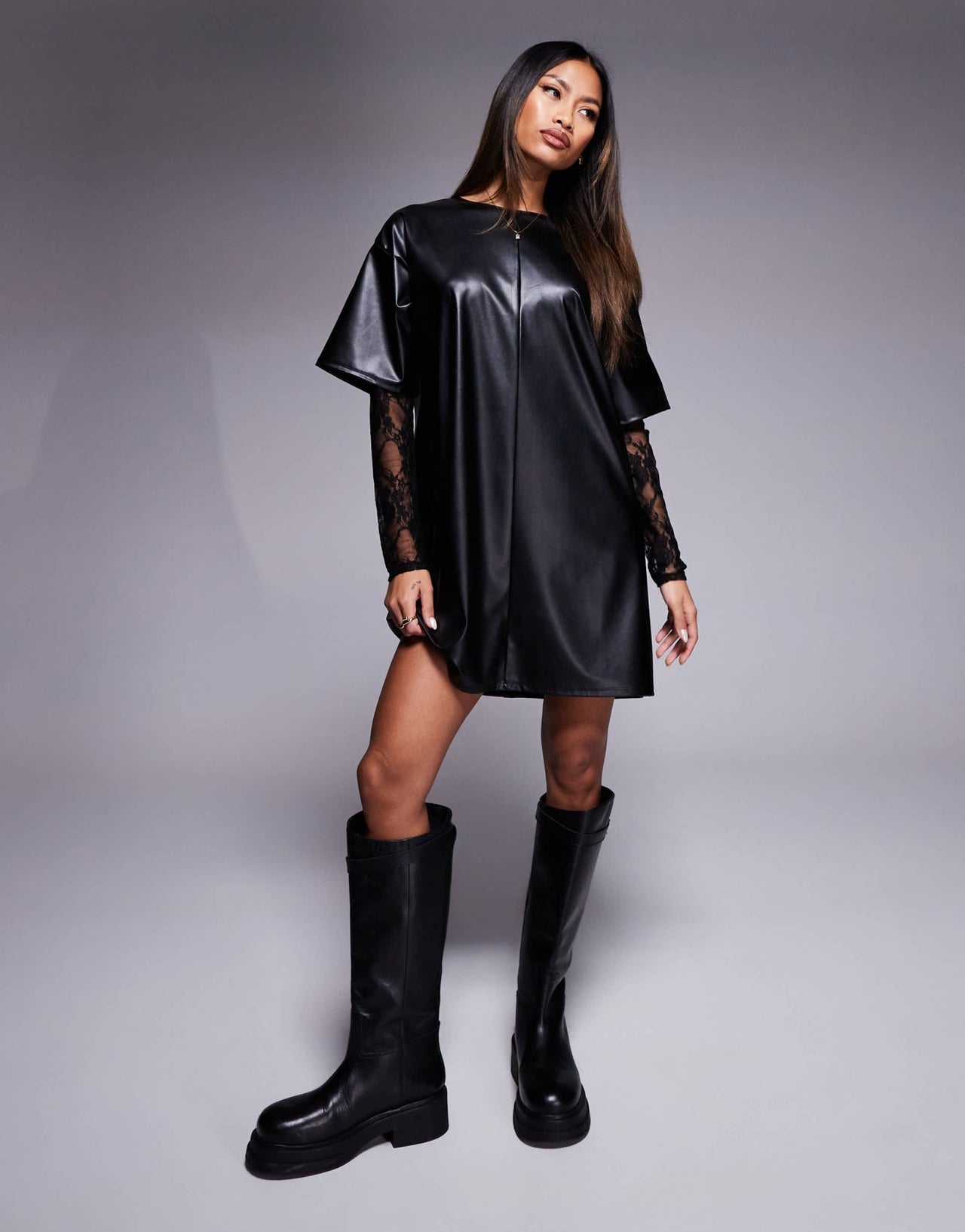 ASOS DESIGN pu t shirt mini dress with lace sleeves in black - ASOS Sample Sale