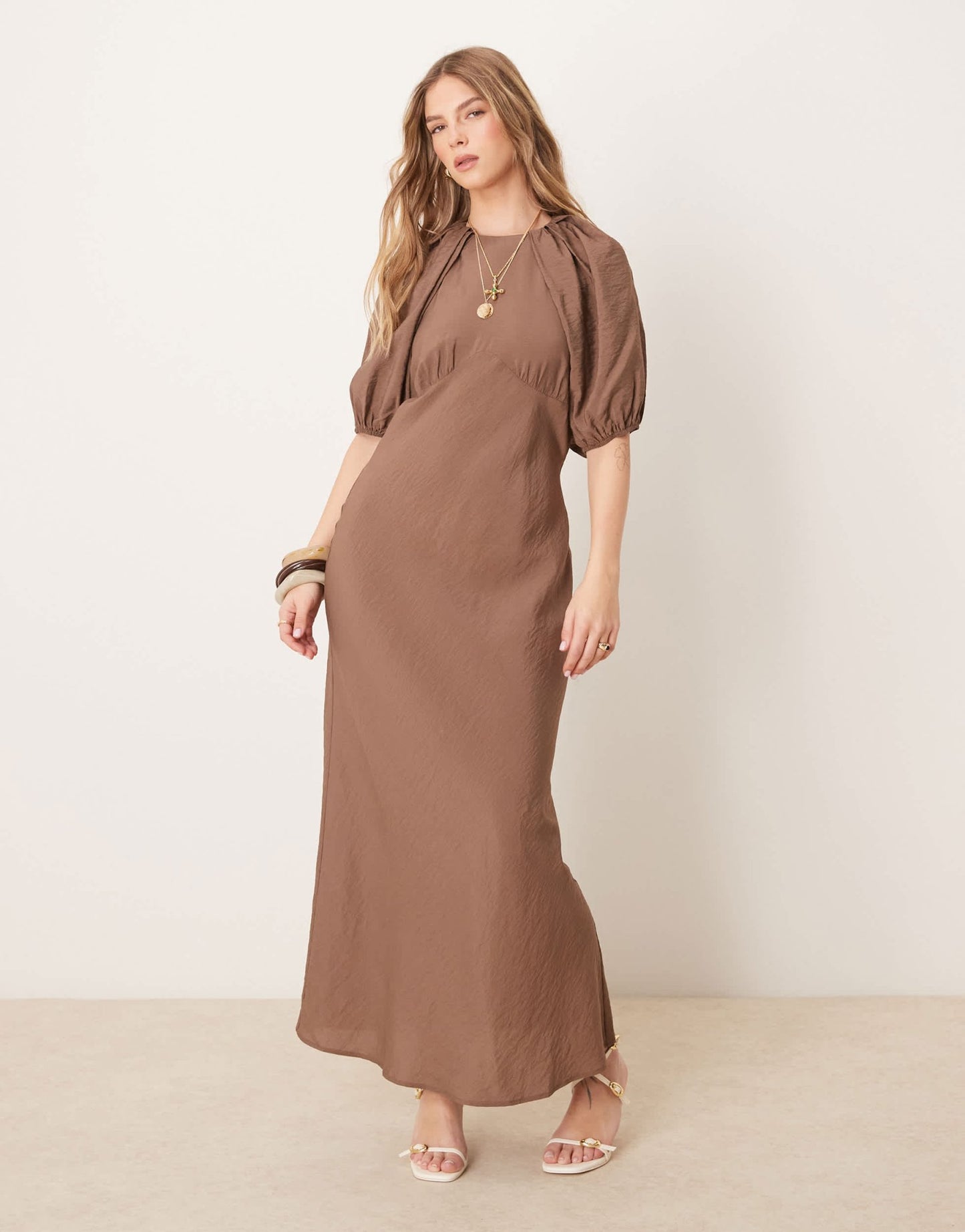 ASOS DESIGN puff sleeve backless maxi dress in brown - ASOS Sample Sale
