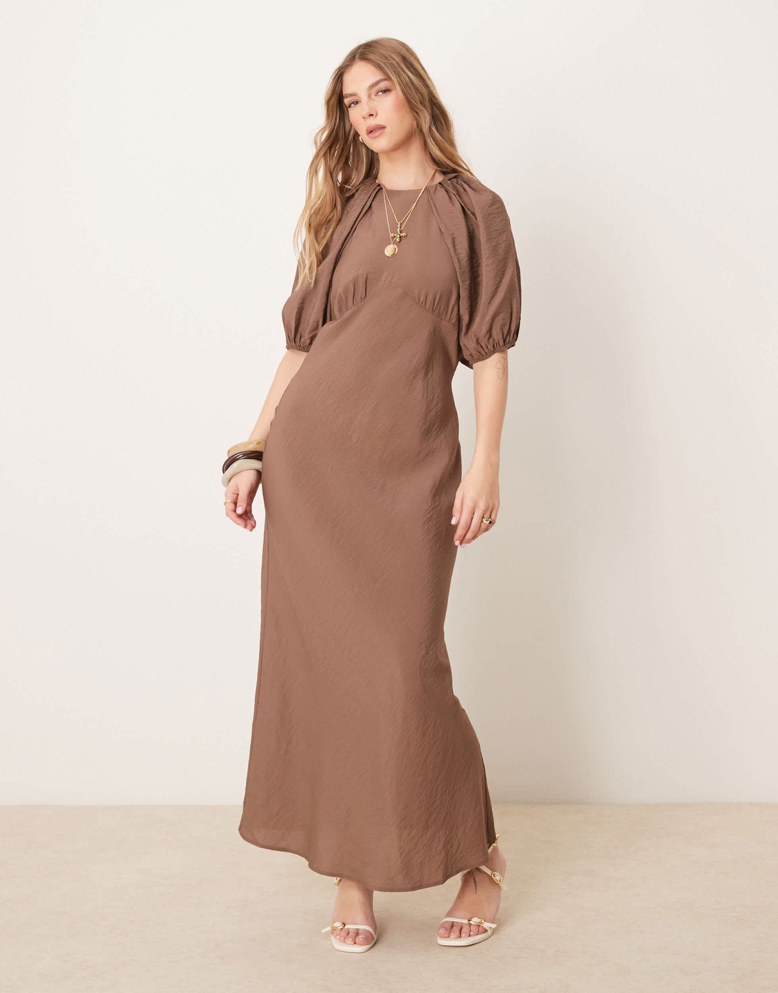 ASOS DESIGN puff sleeve backless maxi dress in brown - ASOS Sample Sale