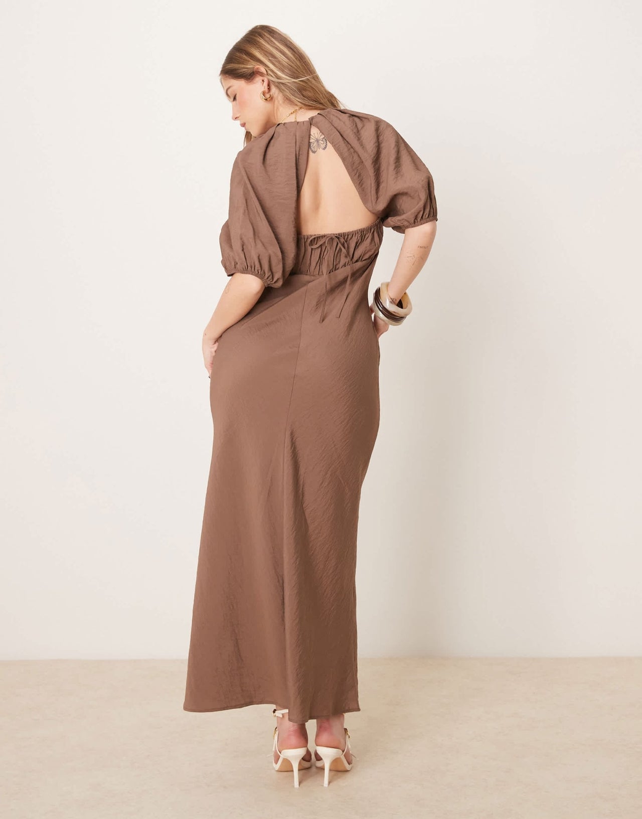 ASOS DESIGN puff sleeve backless maxi dress in brown - ASOS Sample Sale