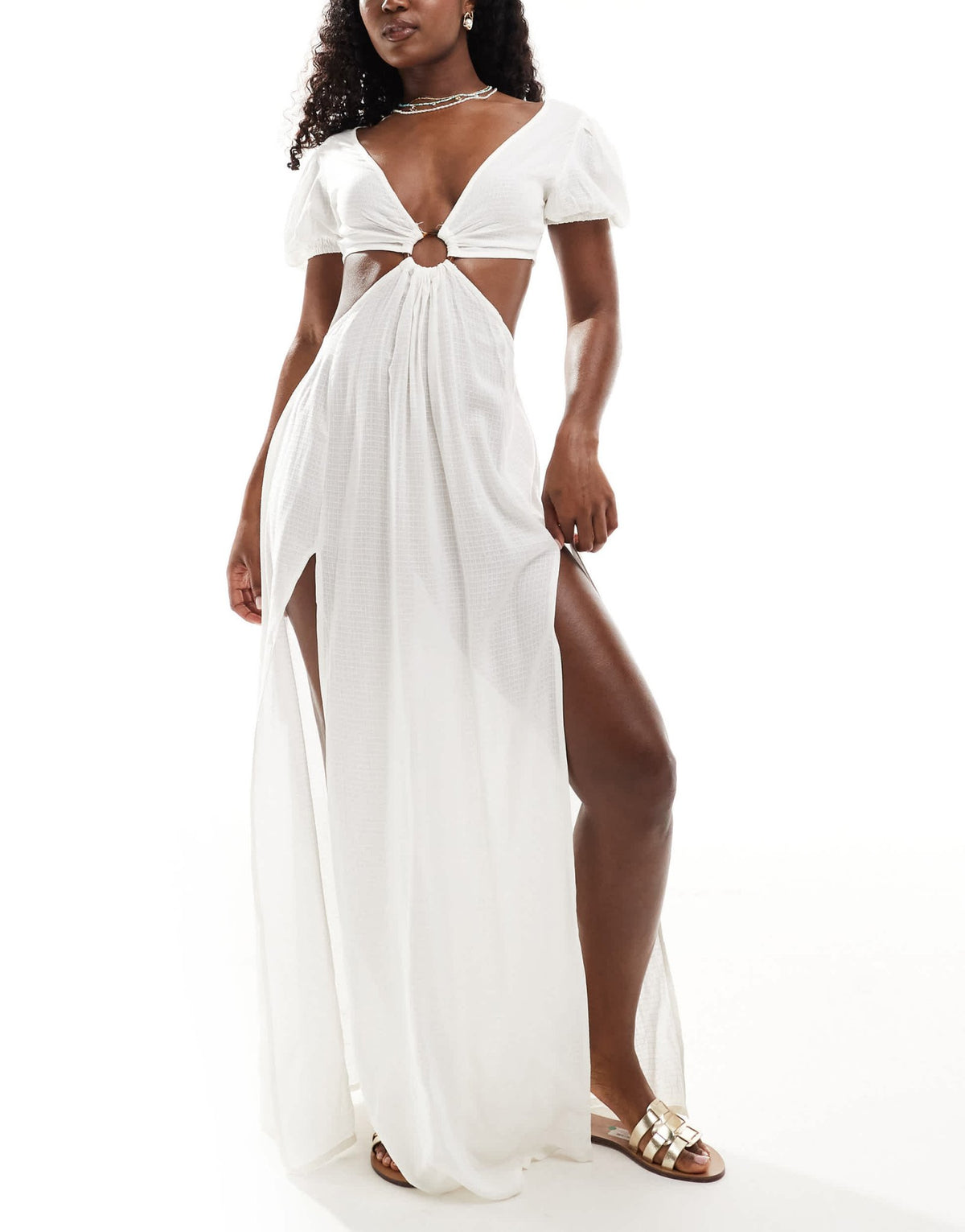 ASOS DESIGN puff sleeve cut out maxi beach dress with ring detail in white - ASOS Sample Sale