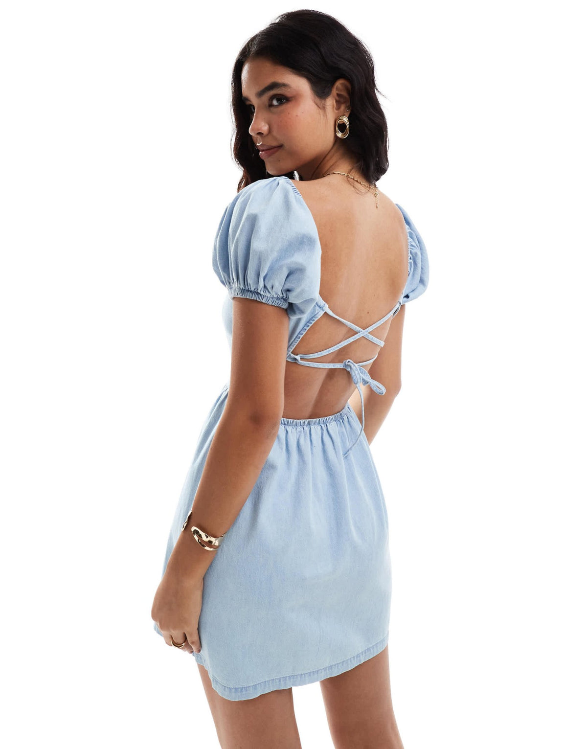 ASOS DESIGN puff sleeve denim mini dress with cross back detail in light blue - ASOS Sample Sale