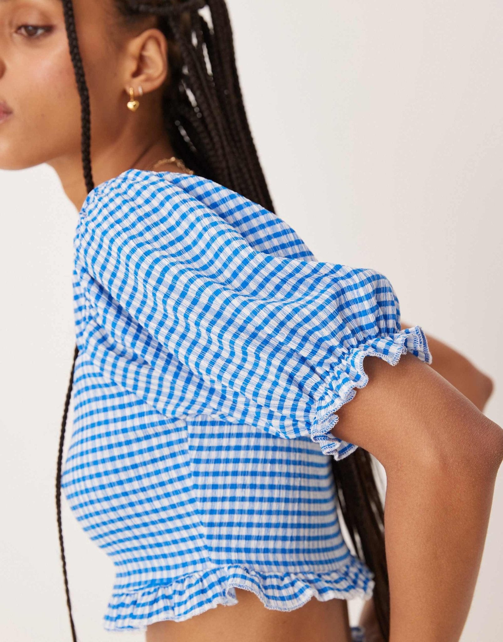 ASOS DESIGN puff sleeve milkmaid top co - ord in light blue gingham - ASOS Sample Sale