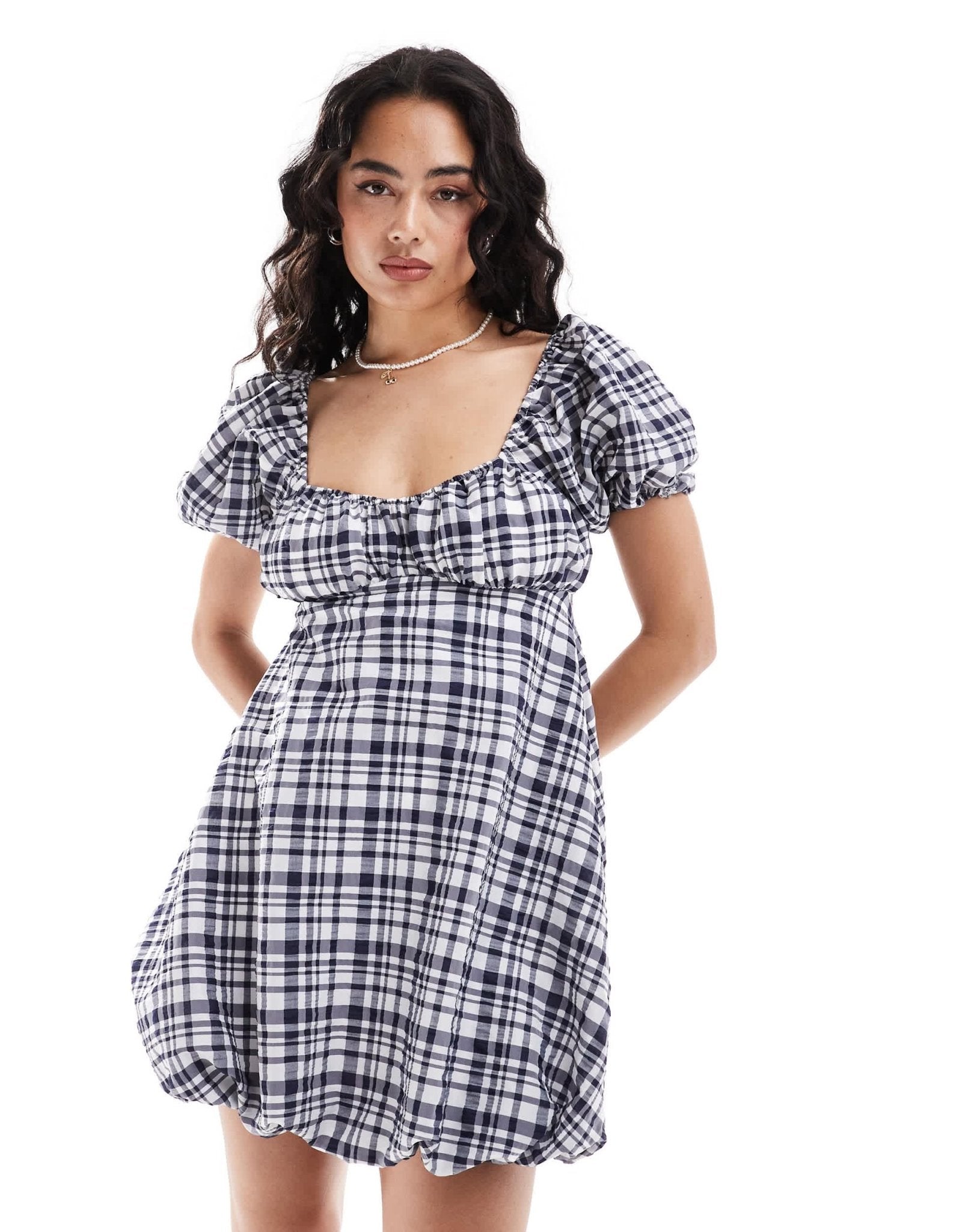 ASOS DESIGN puff sleeve mini smock dress with puff ball hem in navy gingham - ASOS Sample Sale