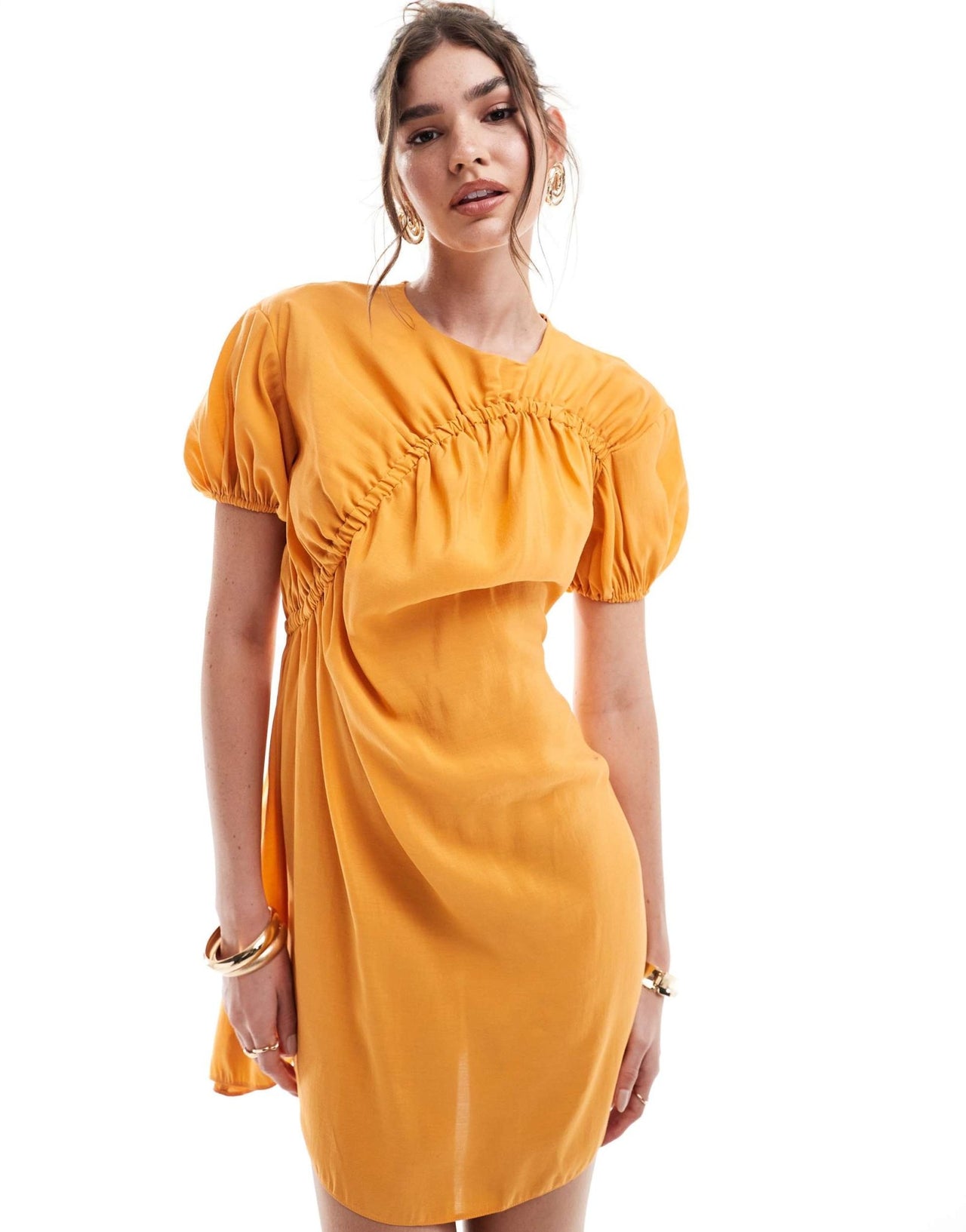 ASOS DESIGN puff sleeve mini smock dress with ruching detail in copper - ASOS Sample Sale