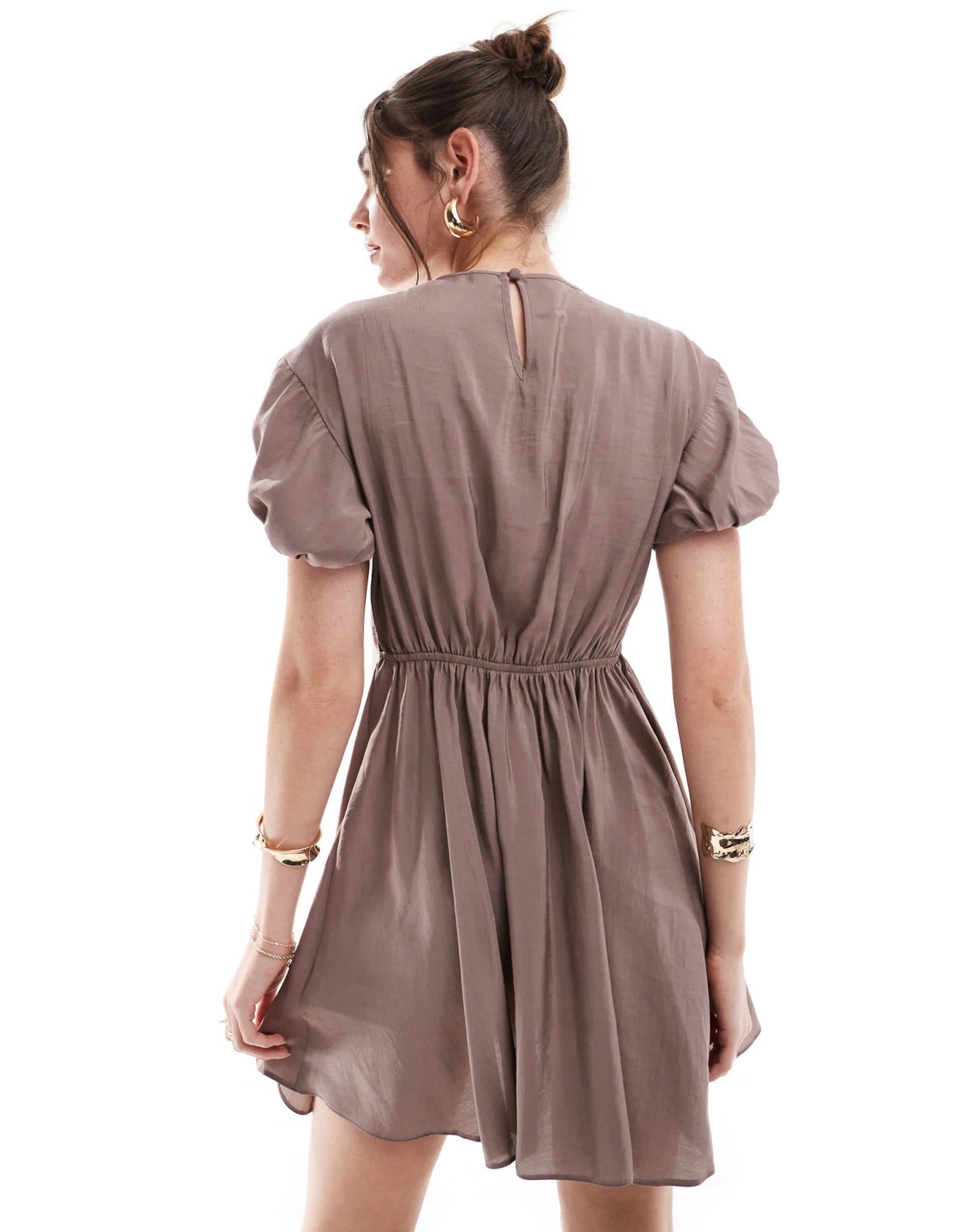 ASOS DESIGN puff sleeve mini smock dress with ruching detail in mocha - ASOS Sample Sale