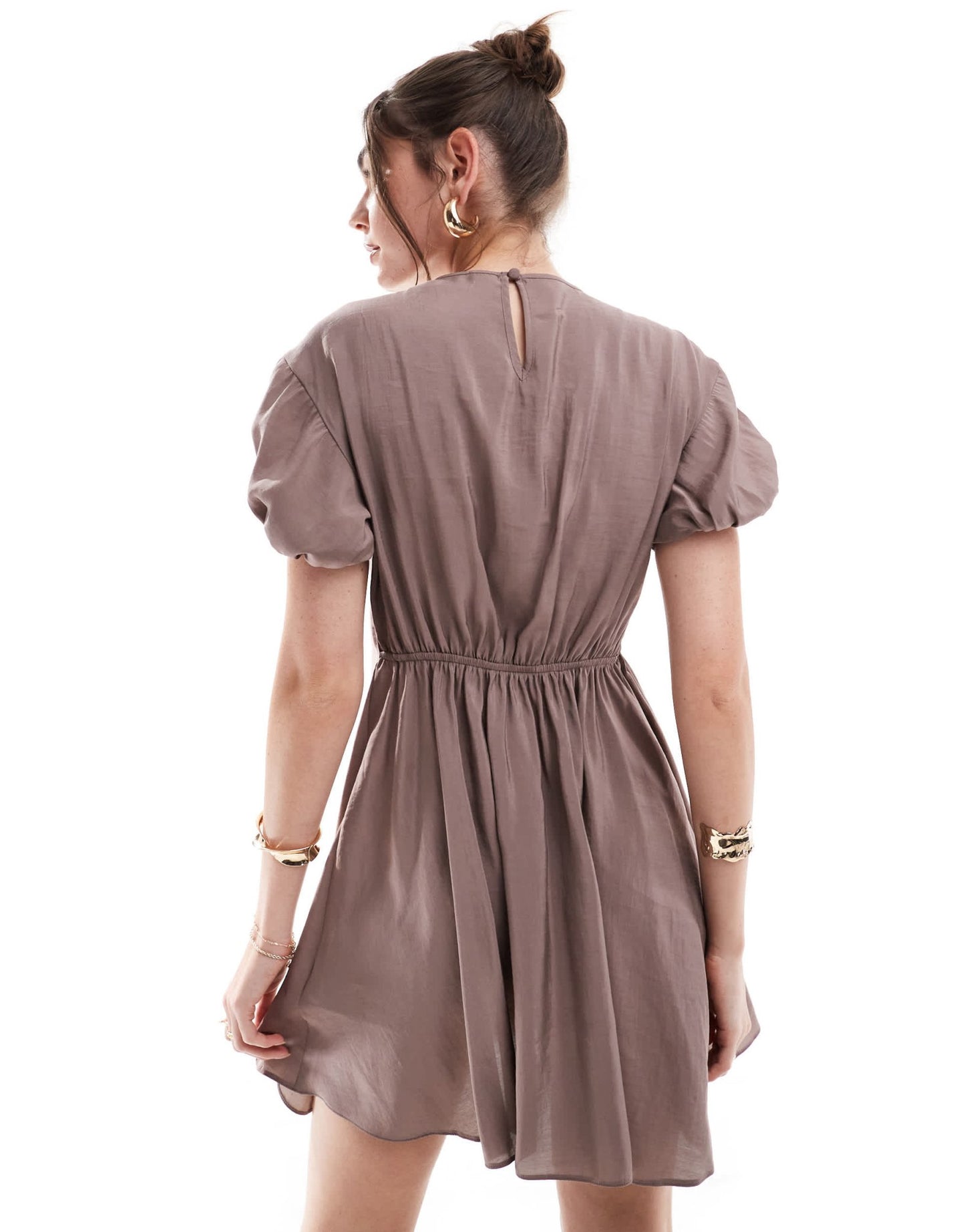 ASOS DESIGN puff sleeve mini smock dress with ruching detail in mocha - ASOS Sample Sale