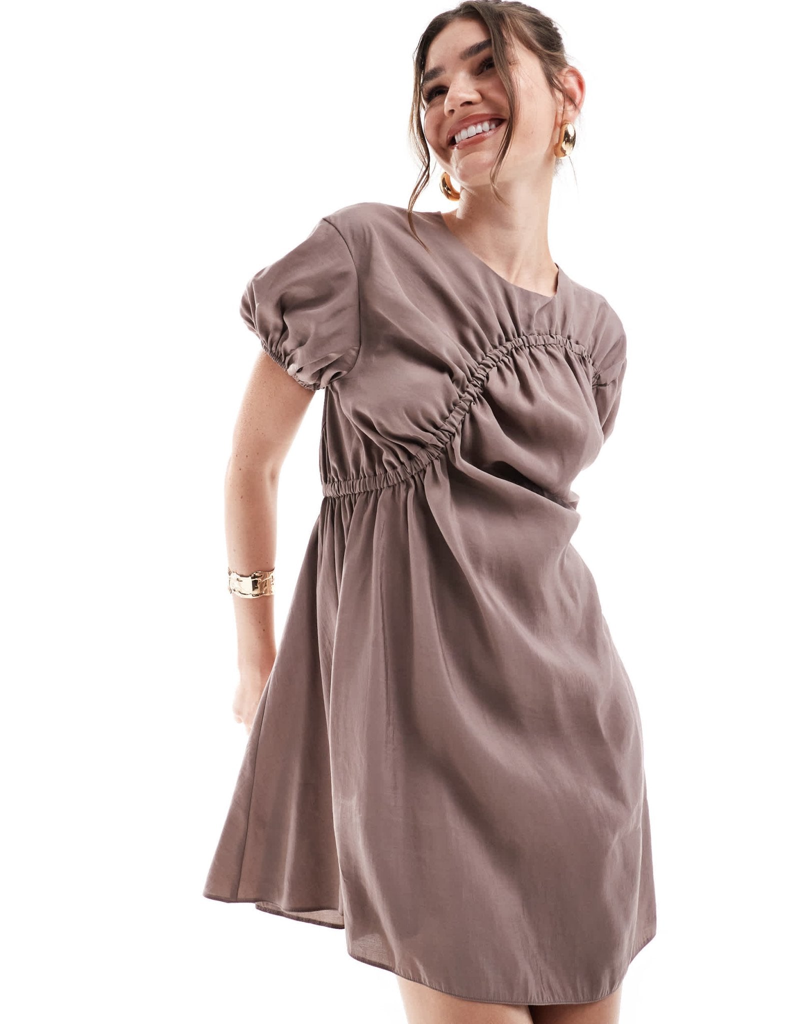 ASOS DESIGN puff sleeve mini smock dress with ruching detail in mocha - ASOS Sample Sale