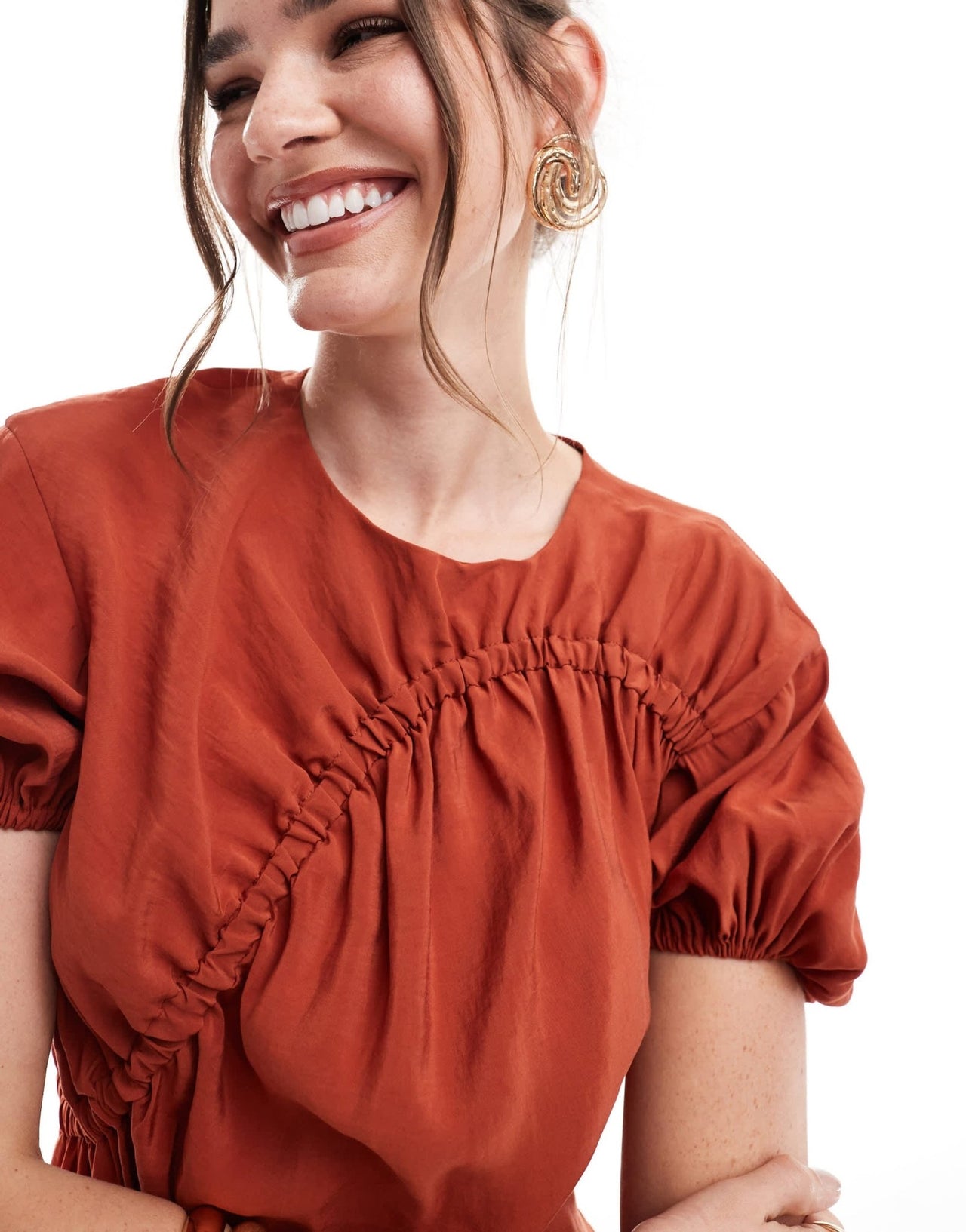 ASOS DESIGN puff sleeve mini smock dress with ruching detail in rust - ASOS Sample Sale