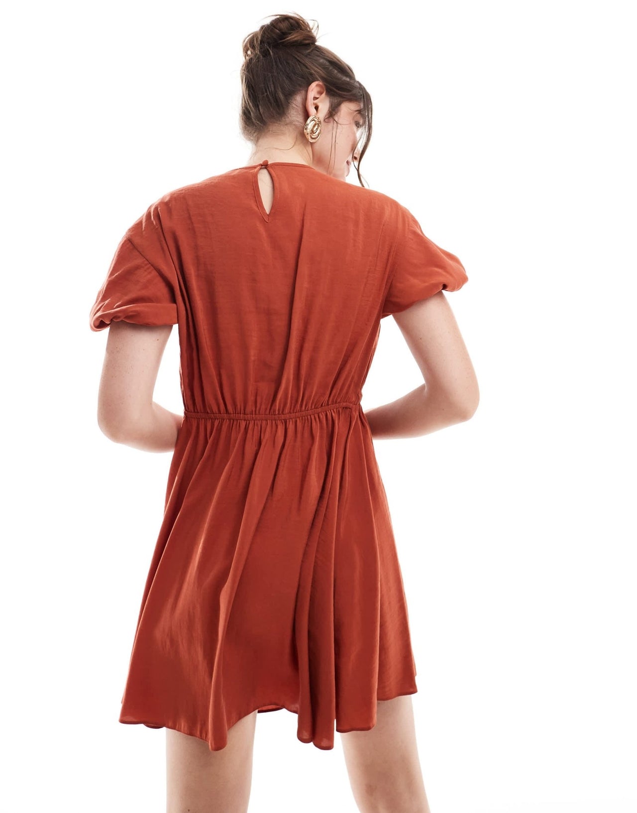 ASOS DESIGN puff sleeve mini smock dress with ruching detail in rust - ASOS Sample Sale