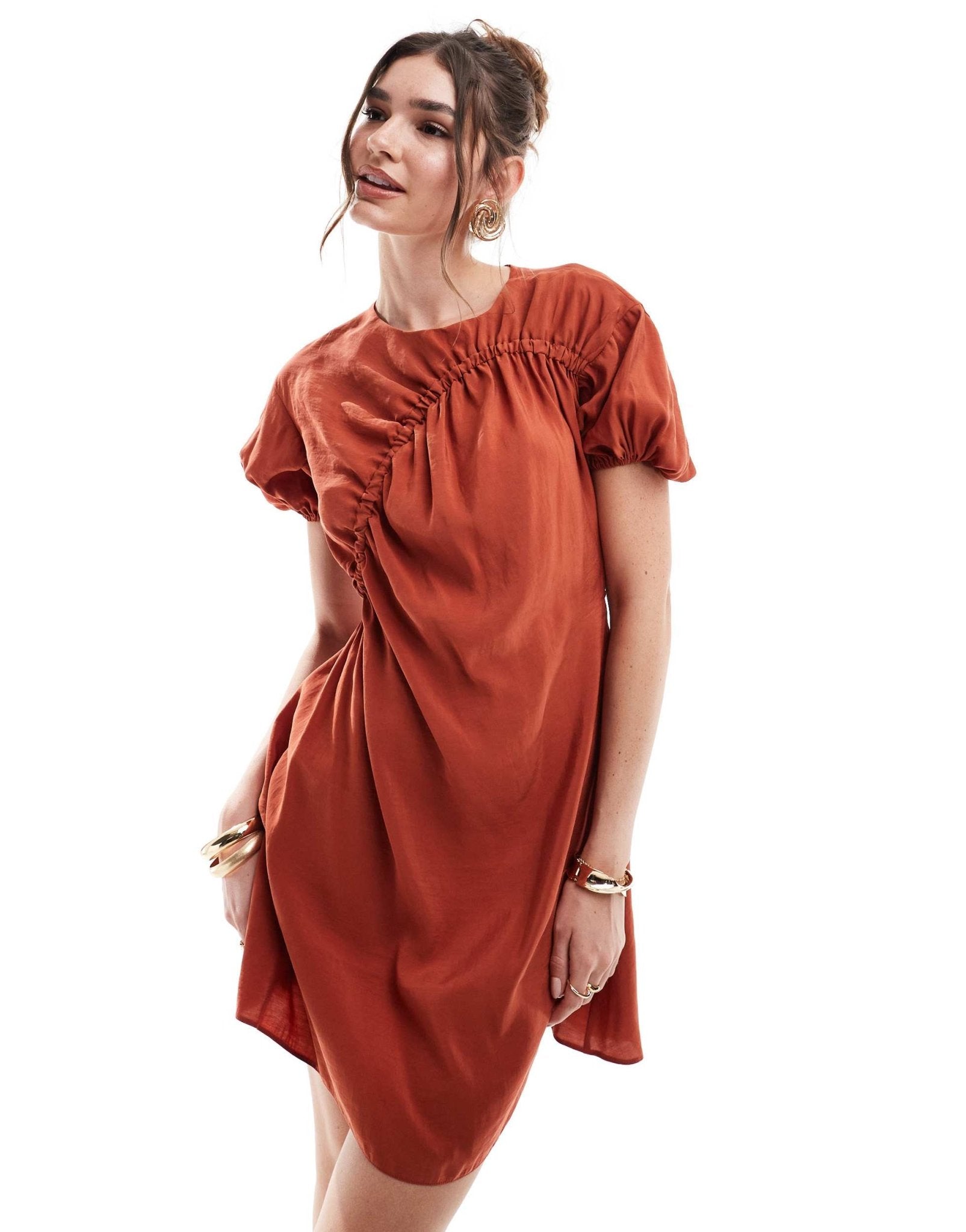 ASOS DESIGN puff sleeve mini smock dress with ruching detail in rust - ASOS Sample Sale