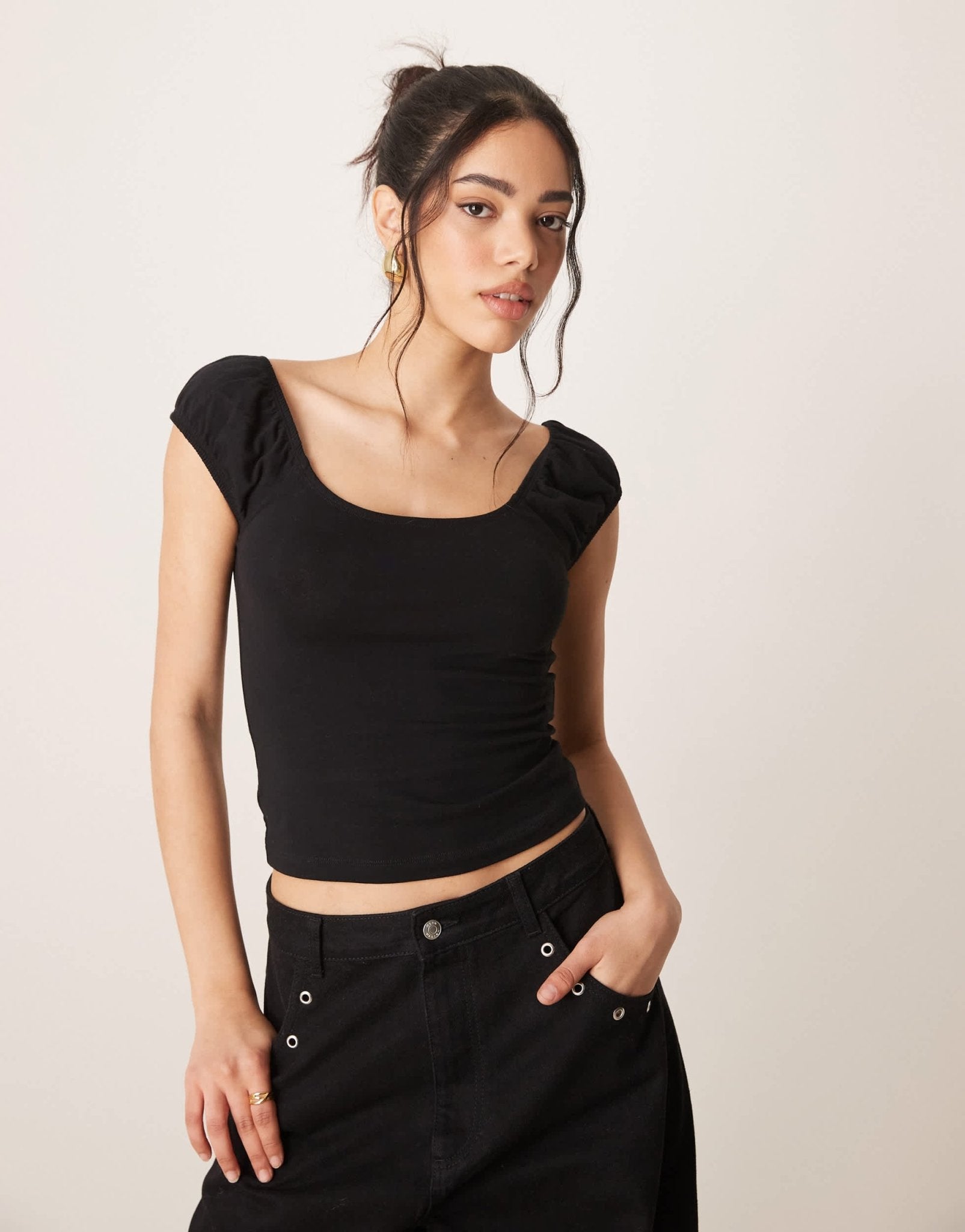 ASOS DESIGN puff sleeve sun top in black - ASOS Sample Sale