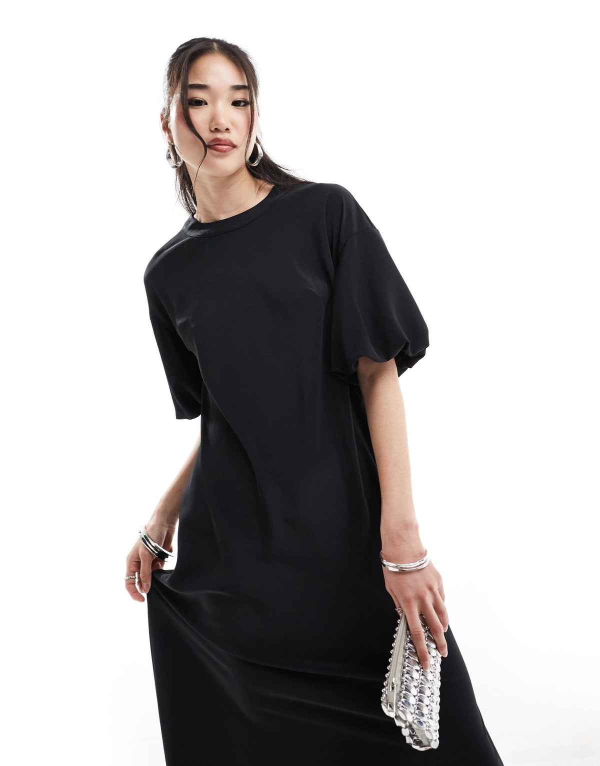 ASOS DESIGN puff sleeve t-shirt midi dress in black - ASOS Sample Sale