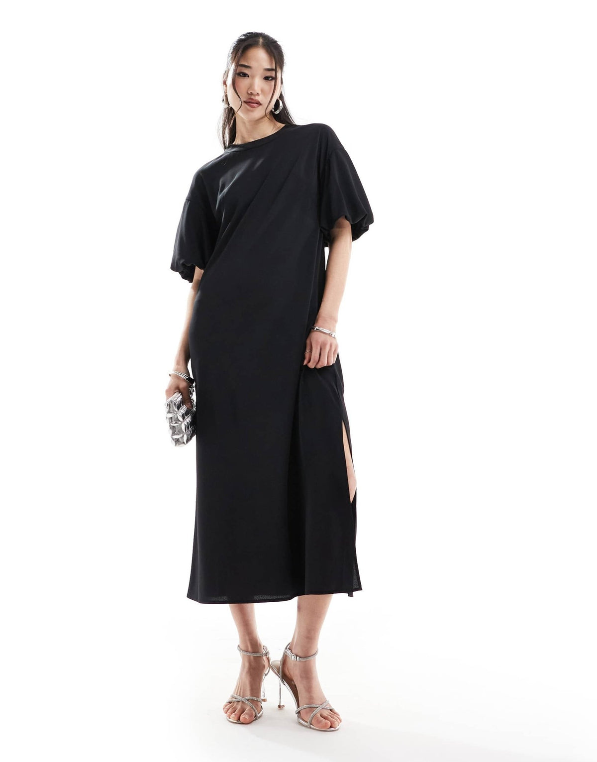 ASOS DESIGN puff sleeve t-shirt midi dress in black - ASOS Sample Sale