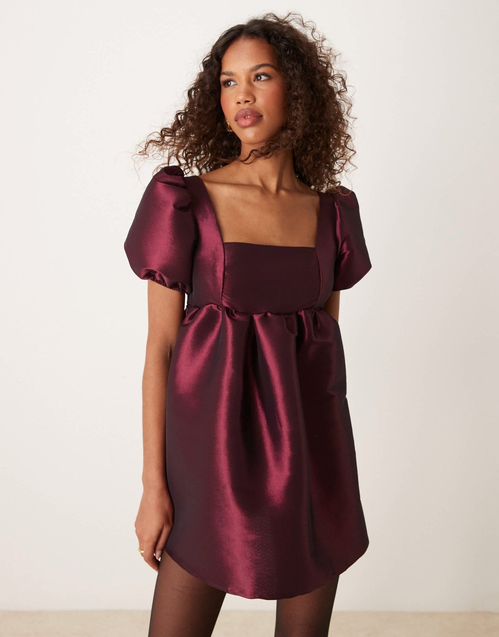 ASOS DESIGN puff sleeve tie back mini dress in burgundy taffeta - ASOS Sample Sale