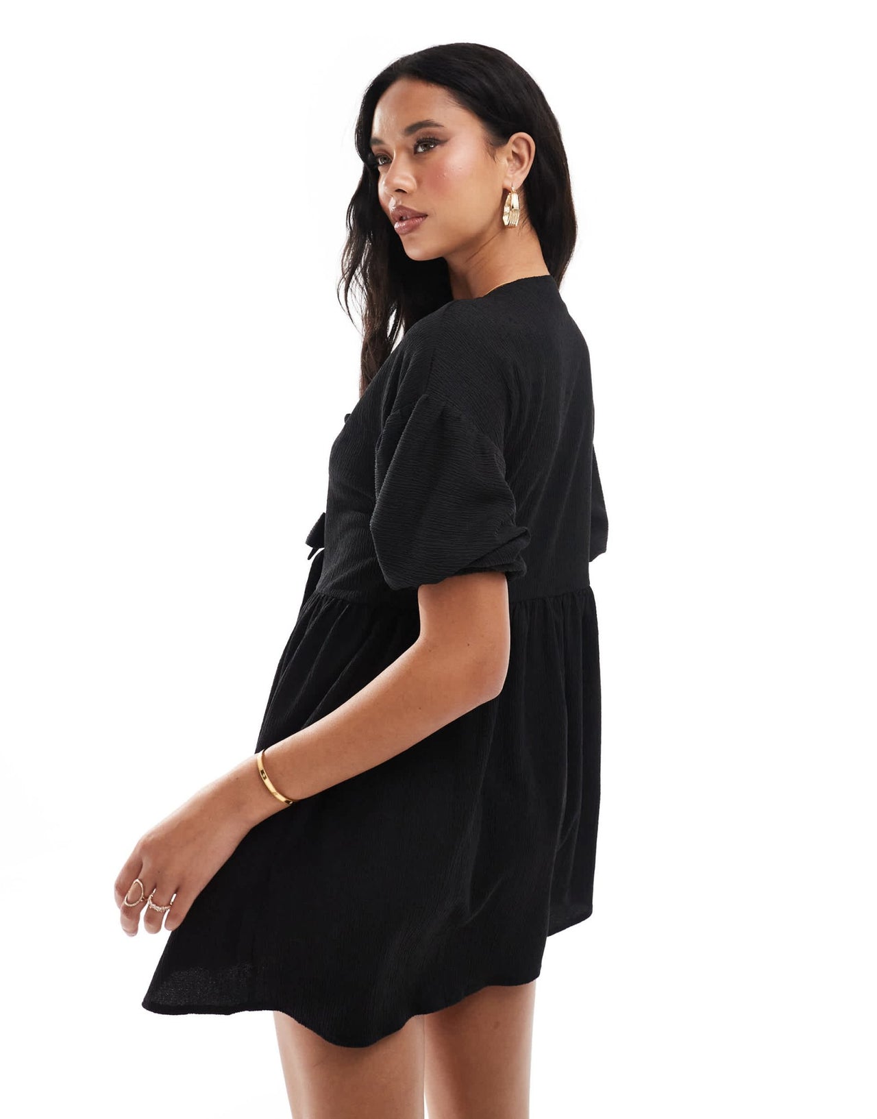 ASOS DESIGN puff sleeve tie front mini dress in black - ASOS Sample Sale