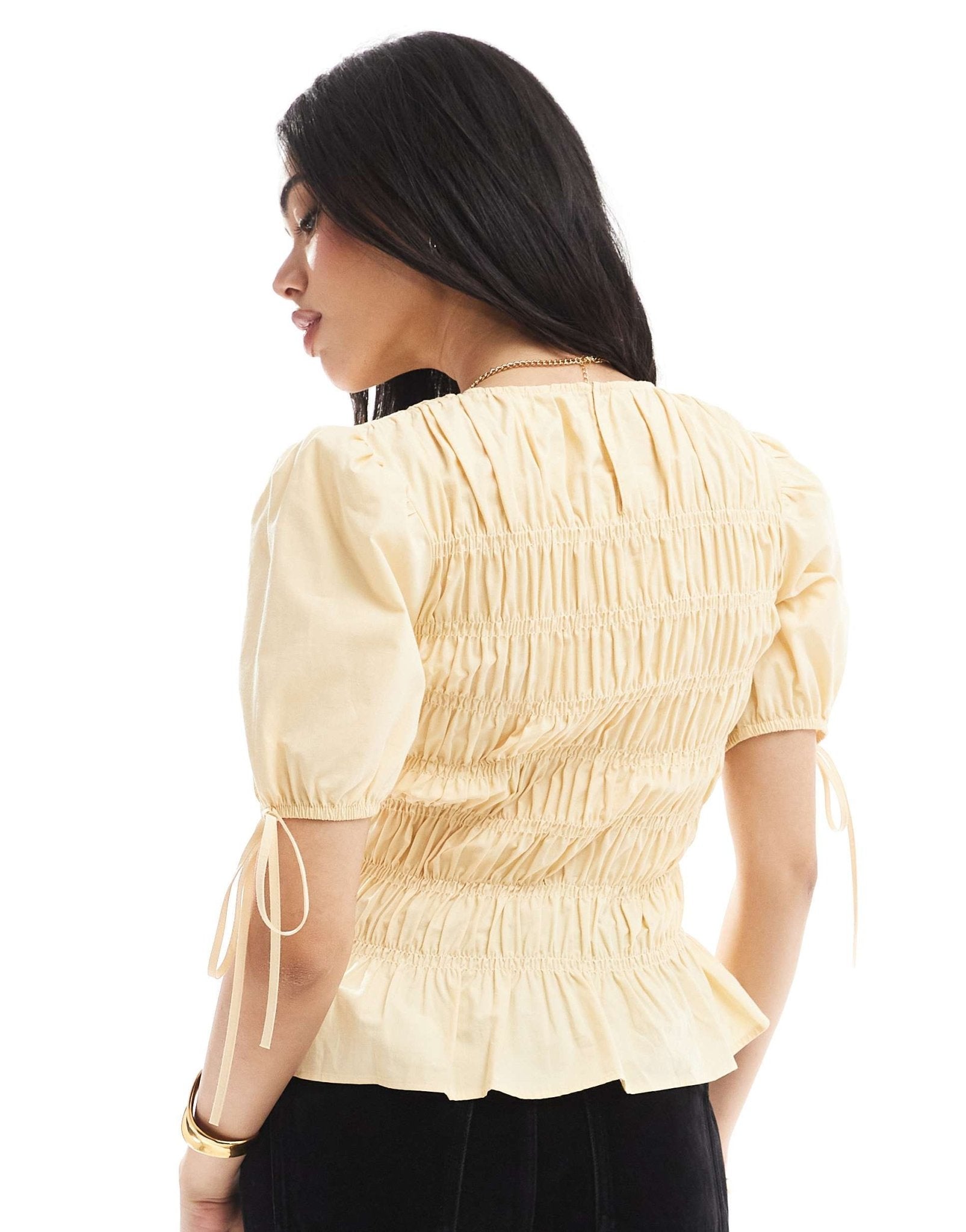 ASOS DESIGN puff sleeve top with shirring detail in yellow - ASOS Sample Sale