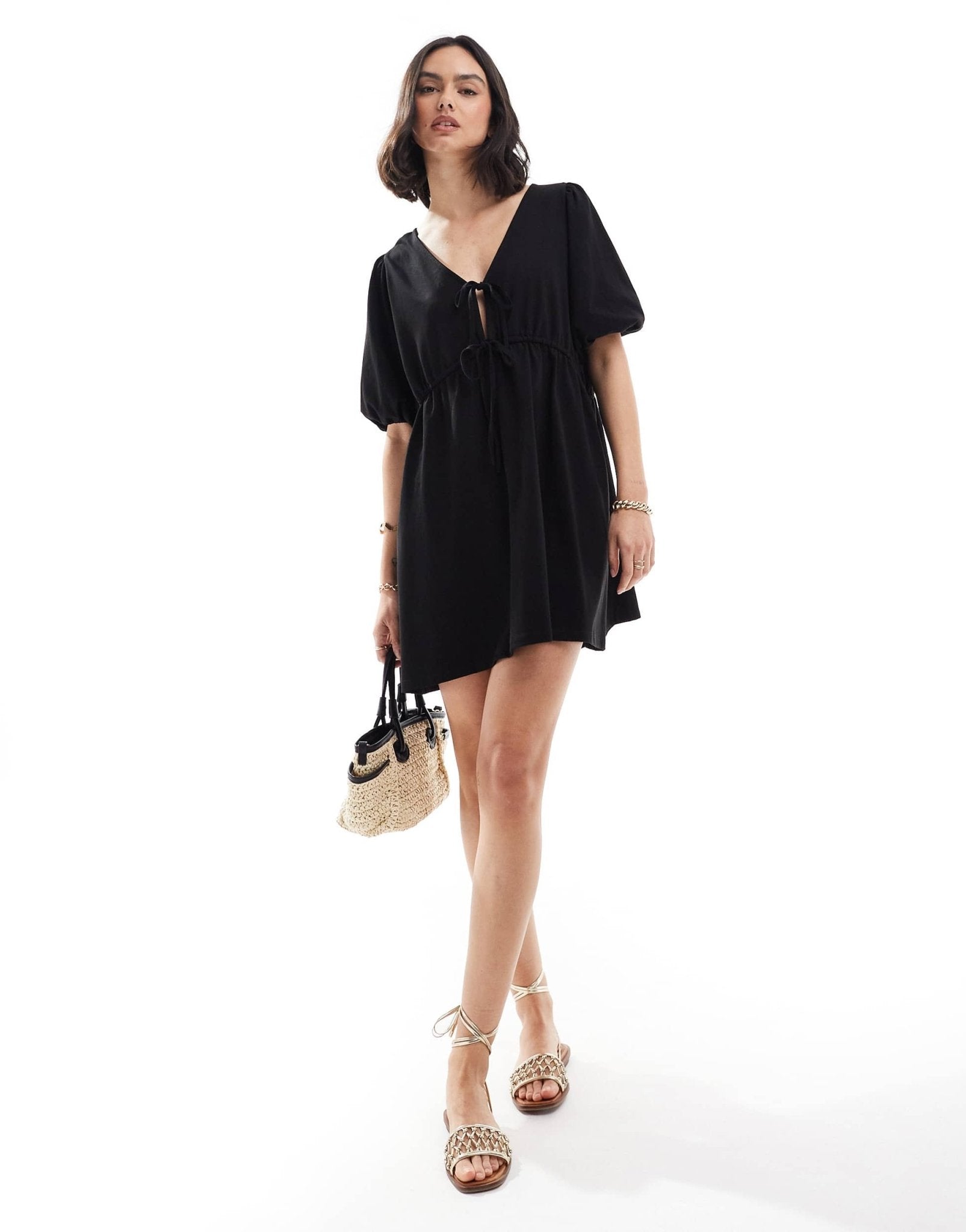 ASOS DESIGN puff sleeve with tie up bodice mini dress in black - ASOS Sample Sale