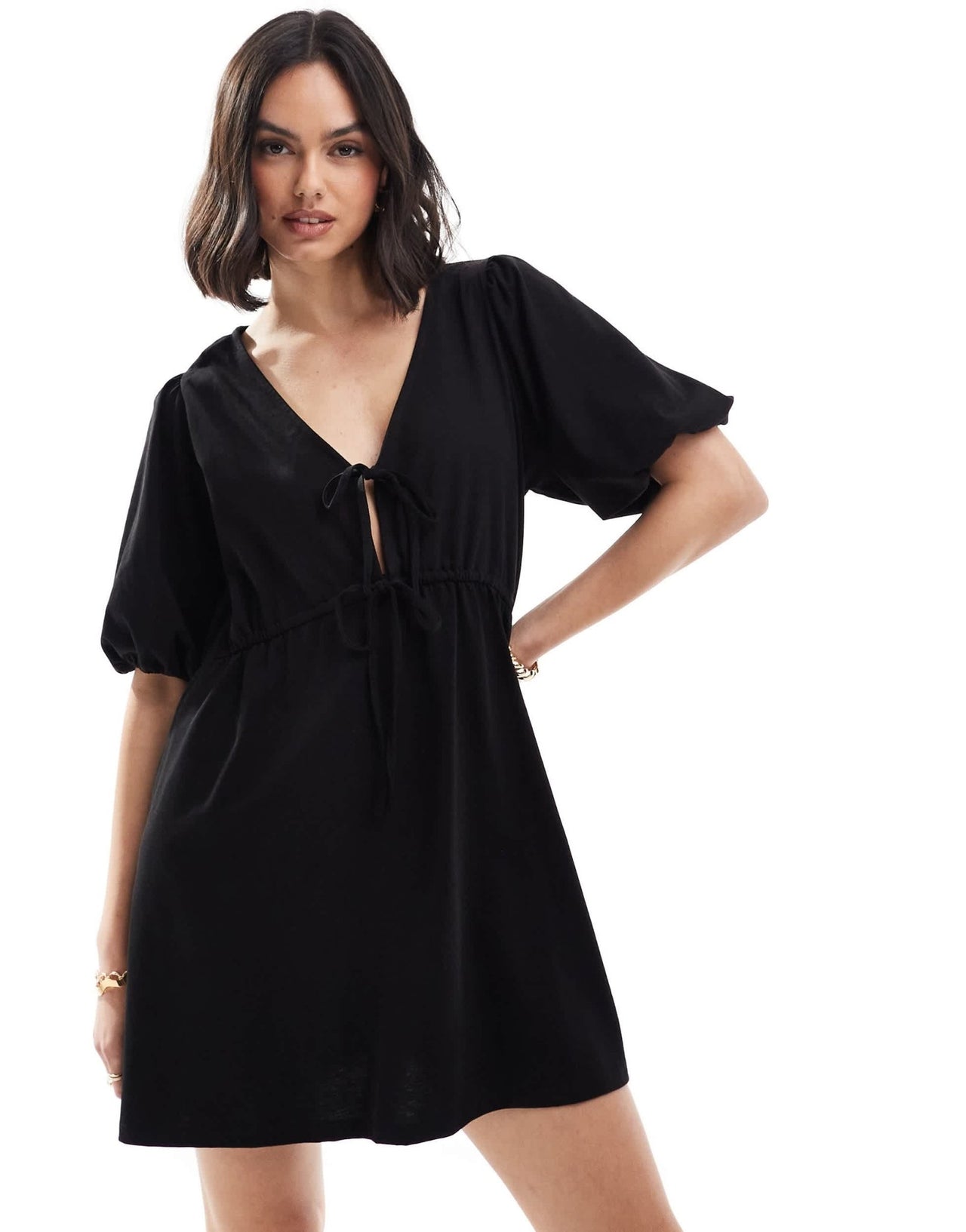 ASOS DESIGN puff sleeve with tie up bodice mini dress in black - ASOS Sample Sale