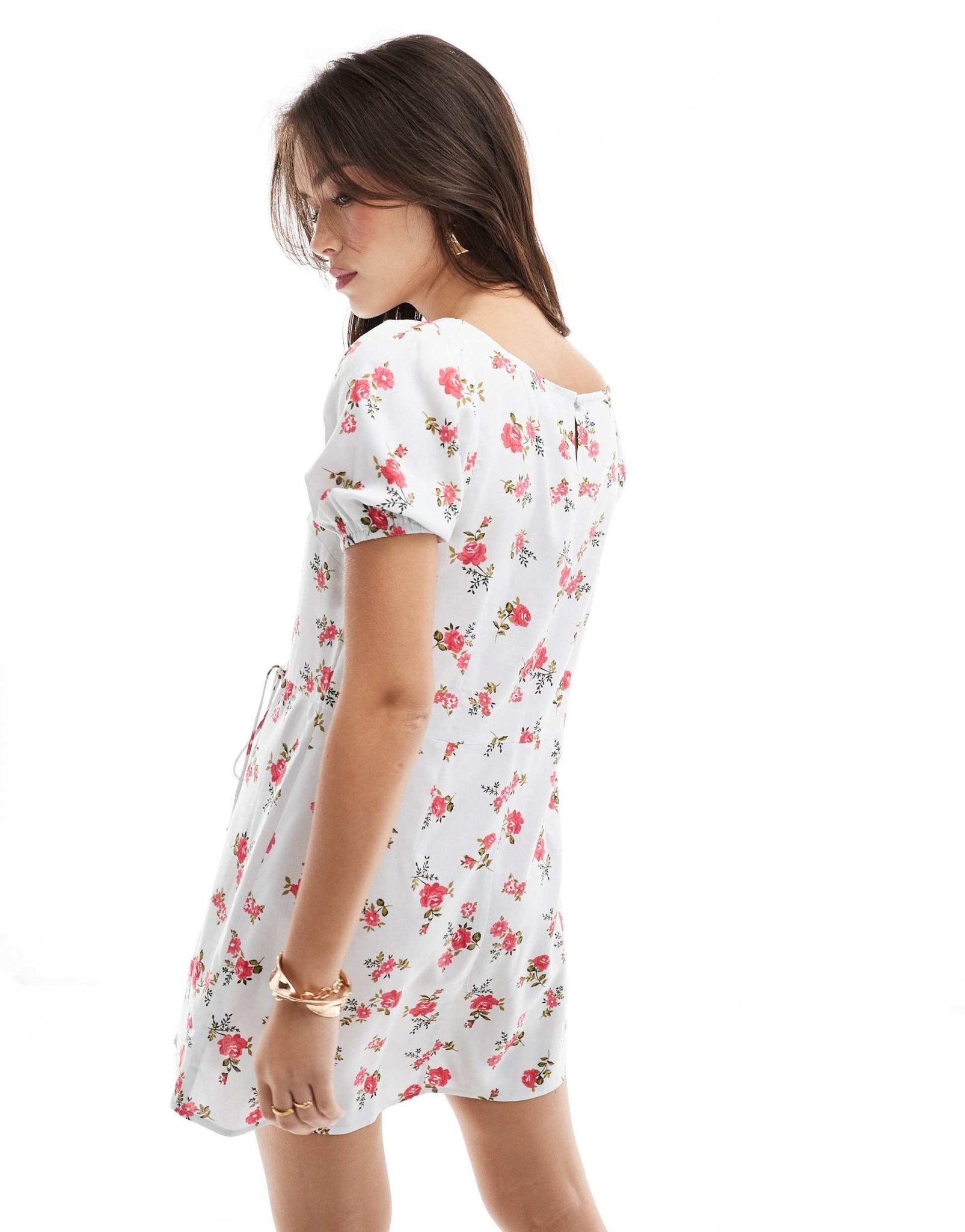 ASOS DESIGN puffed sleeve mini tee dress with tie waist & wrap in blue & pink ditsy floral print - ASOS Sample Sale
