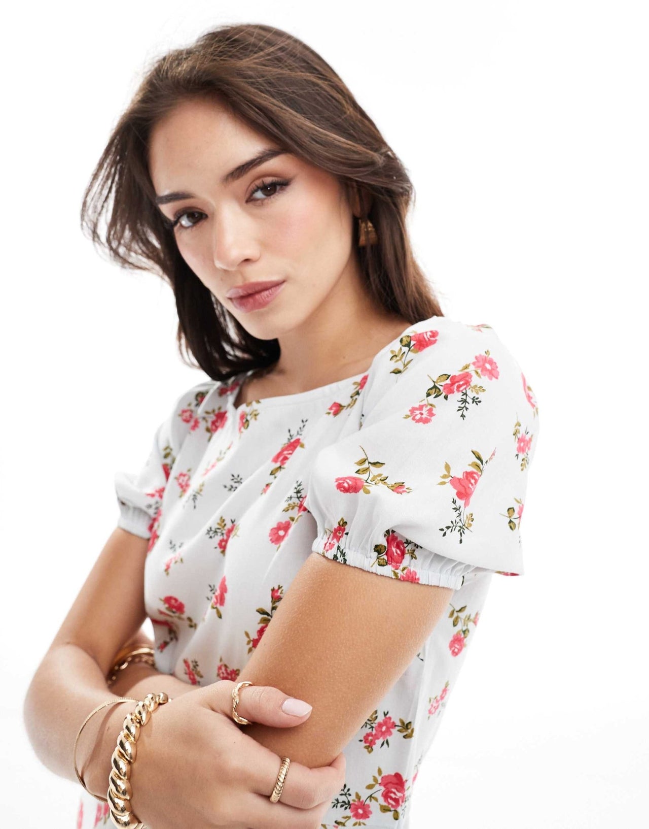 ASOS DESIGN puffed sleeve mini tee dress with tie waist & wrap in blue & pink ditsy floral print - ASOS Sample Sale