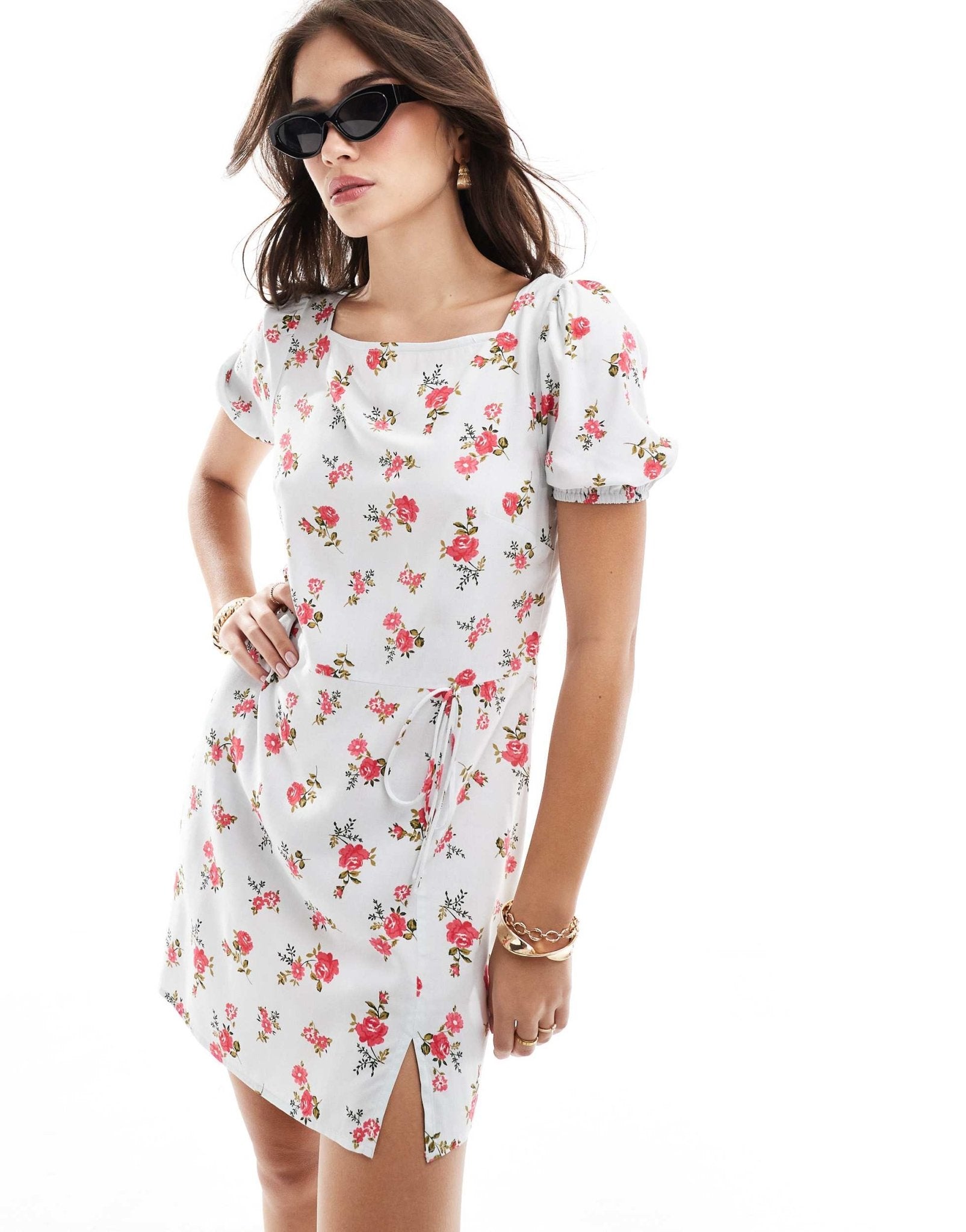 ASOS DESIGN puffed sleeve mini tee dress with tie waist & wrap in blue & pink ditsy floral print - ASOS Sample Sale