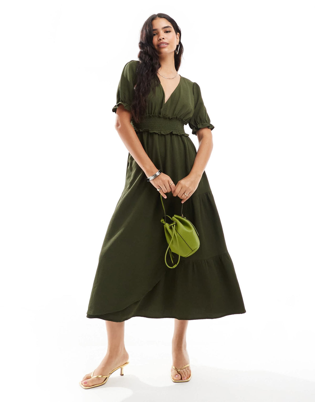 ASOS DESIGN puffed sleeve wrap midi dress in forest green - ASOS Sample Sale