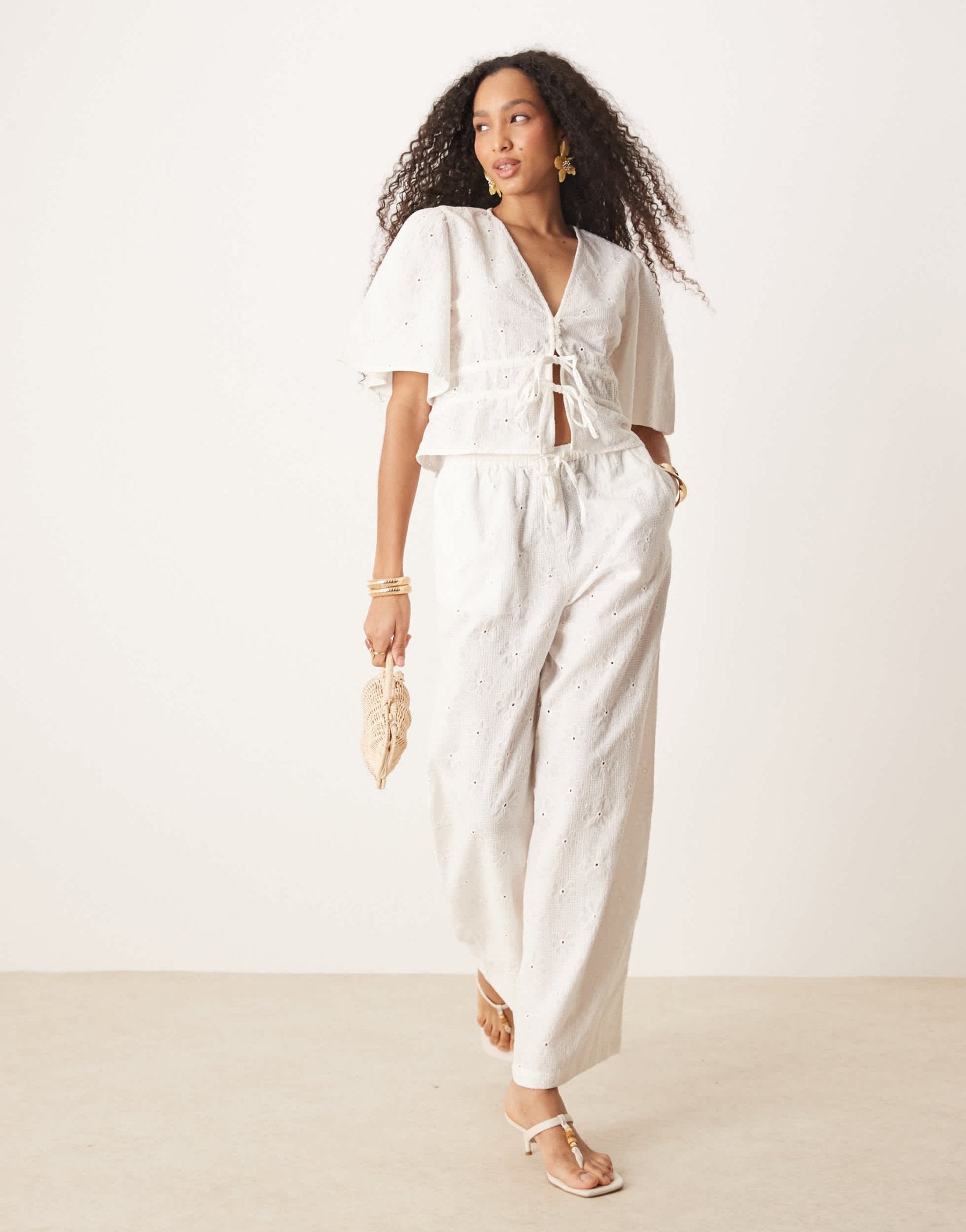 ASOS DESIGN pull on floral embroidery trousers co-ord in off white - ASOS Sample Sale