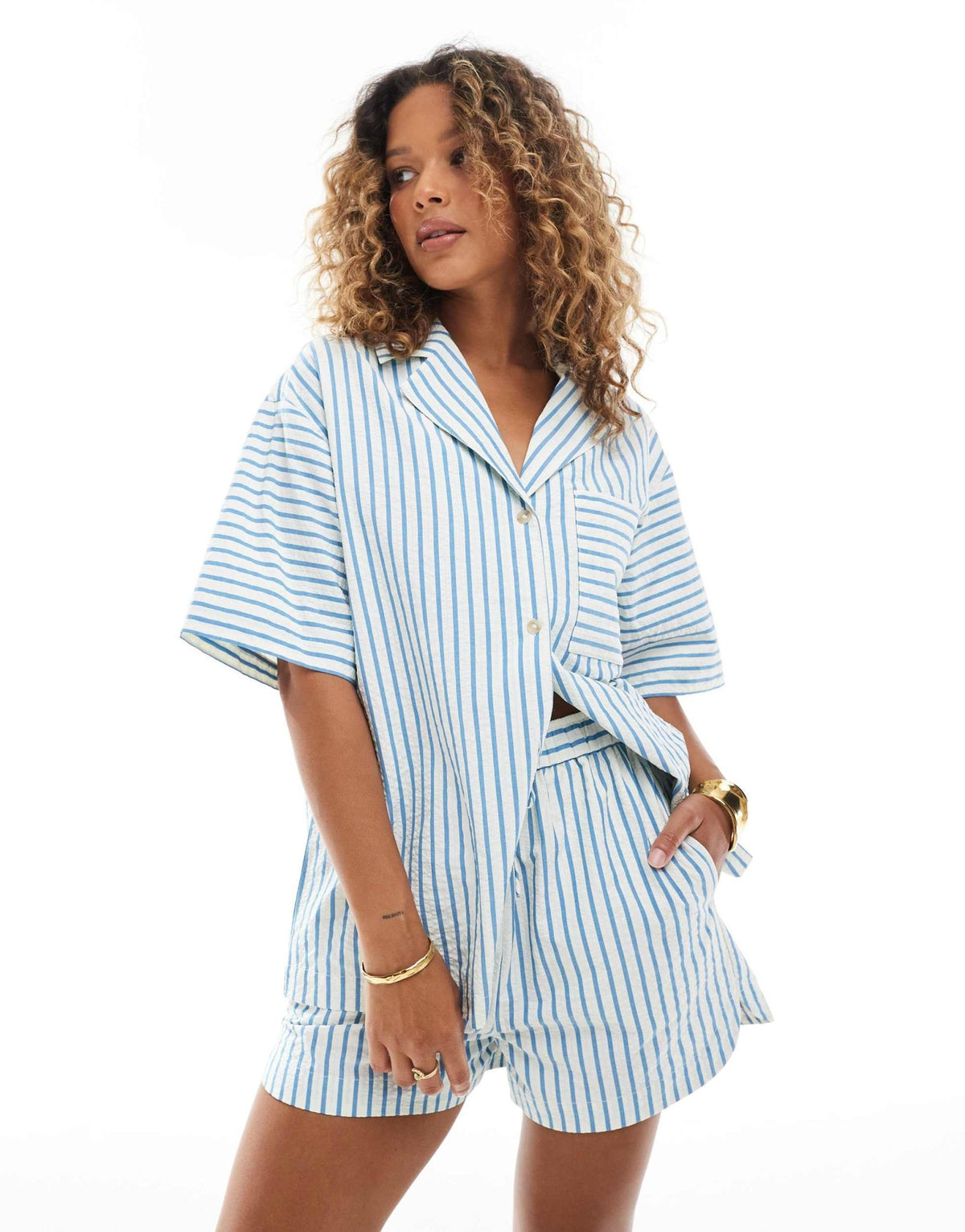 ASOS DESIGN pull on seersucker boxer short co-ord in blue stripe - ASOS Sample Sale