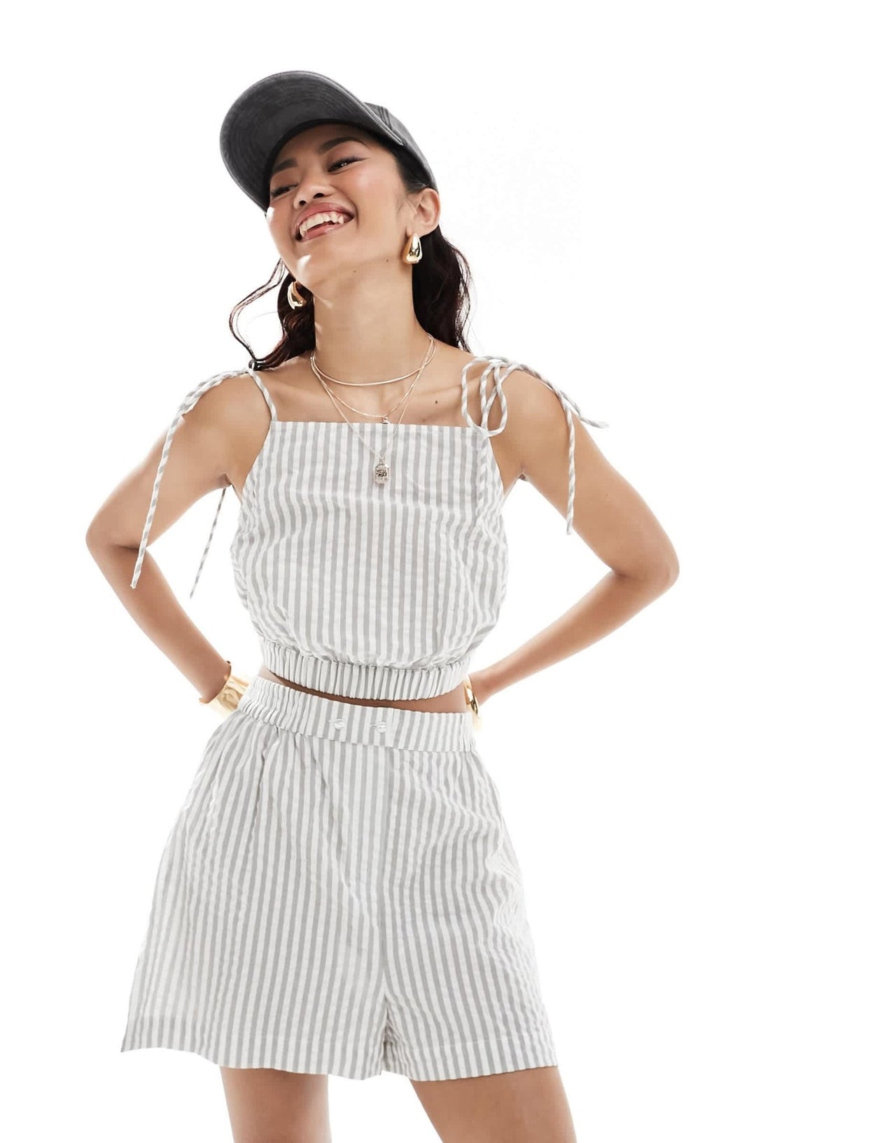 ASOS DESIGN pull on short with tab waistband in grey stripe co - ord - ASOS Sample Sale